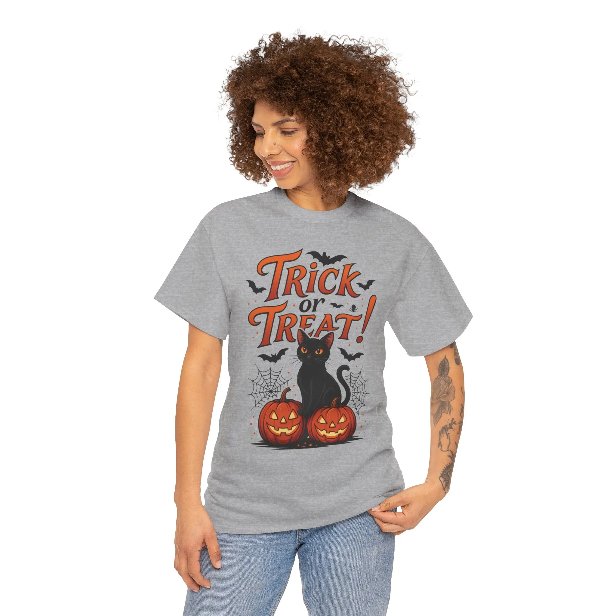 Trick or Treat Black Cat Halloween T-Shirt for Women, Spooky Cute Pumpkin Cat Tee, Fall Halloween Outfit Gift, Vintage Witchy Top - Image 11