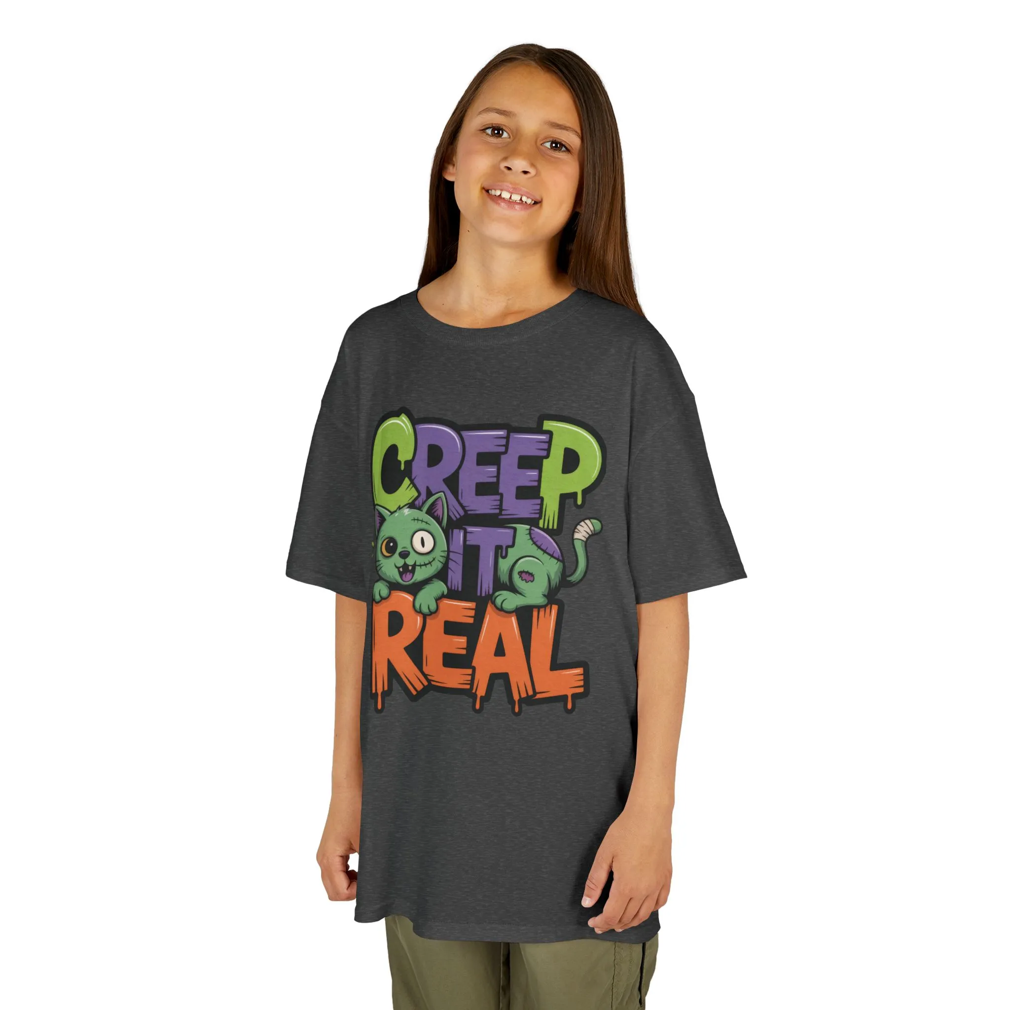 Creep It Real Kids Halloween Shirt, Cute Zombie Cat Graffiti Style T-Shirt for Boys & Girls - Image 2