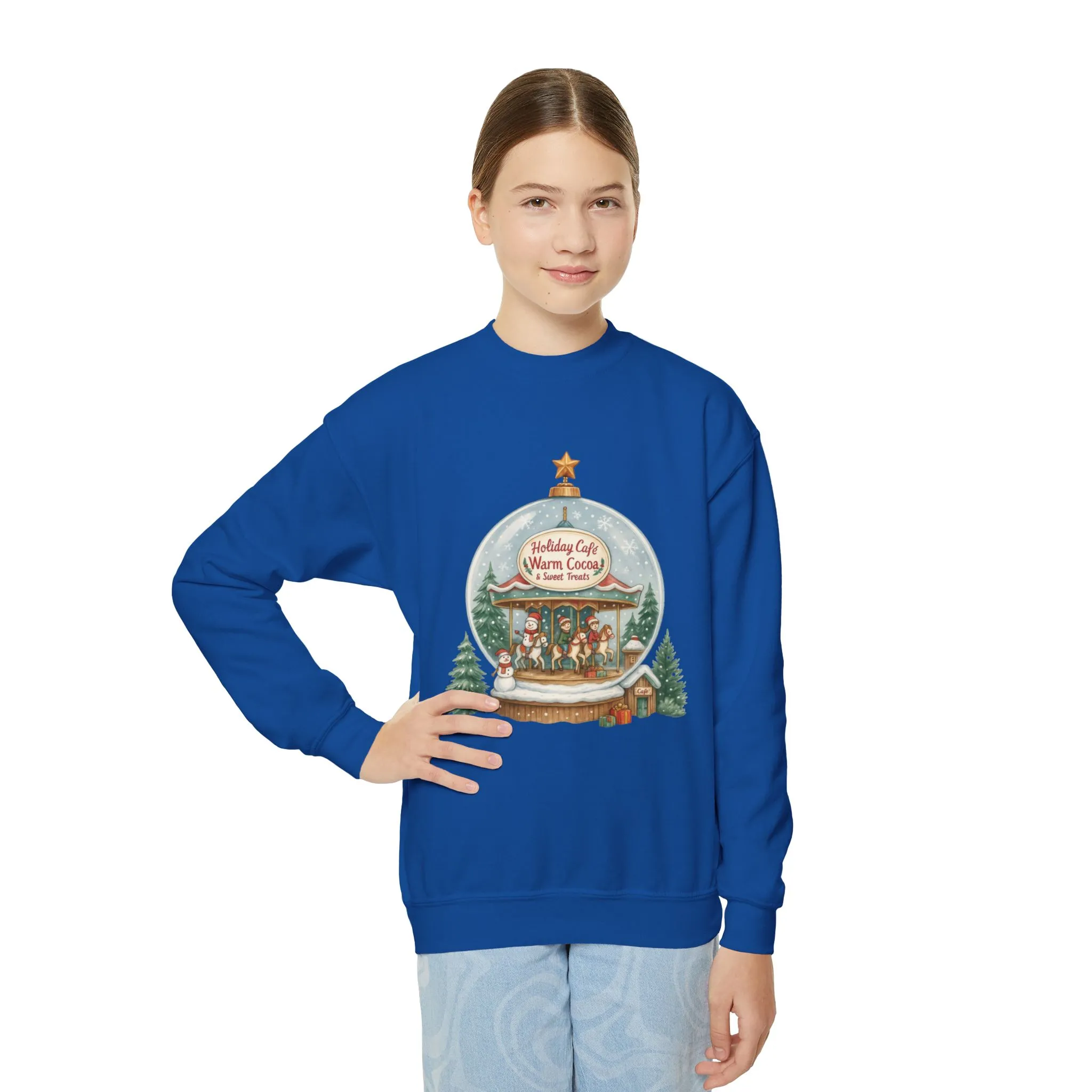 Youth Holiday Café Christmas Sweatshirt, Warm Cocoa Snow Globe Jumper - Image 10
