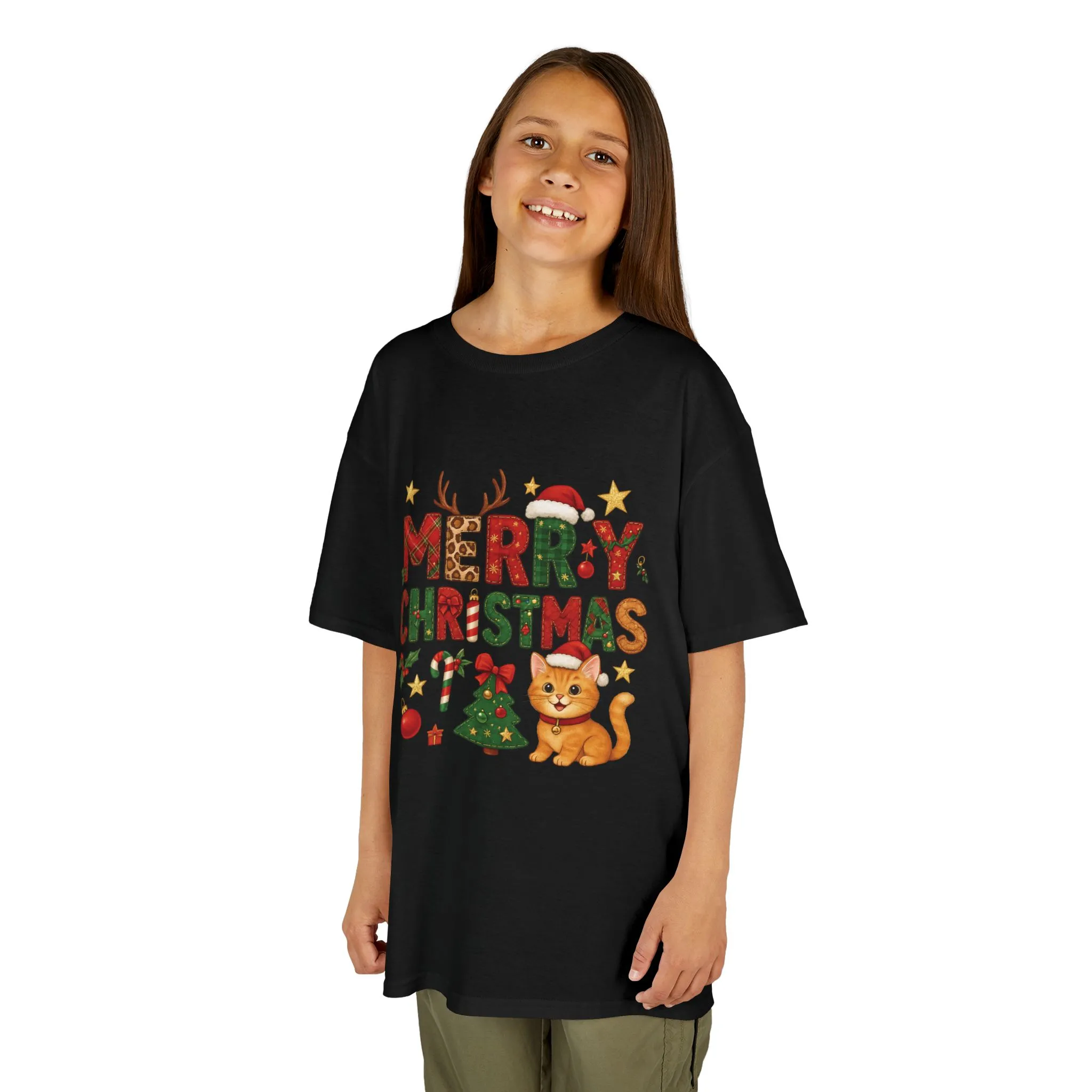 Merry Christmas Cat Shirt for Girls, Cute Holiday Kitten Tee - Image 2
