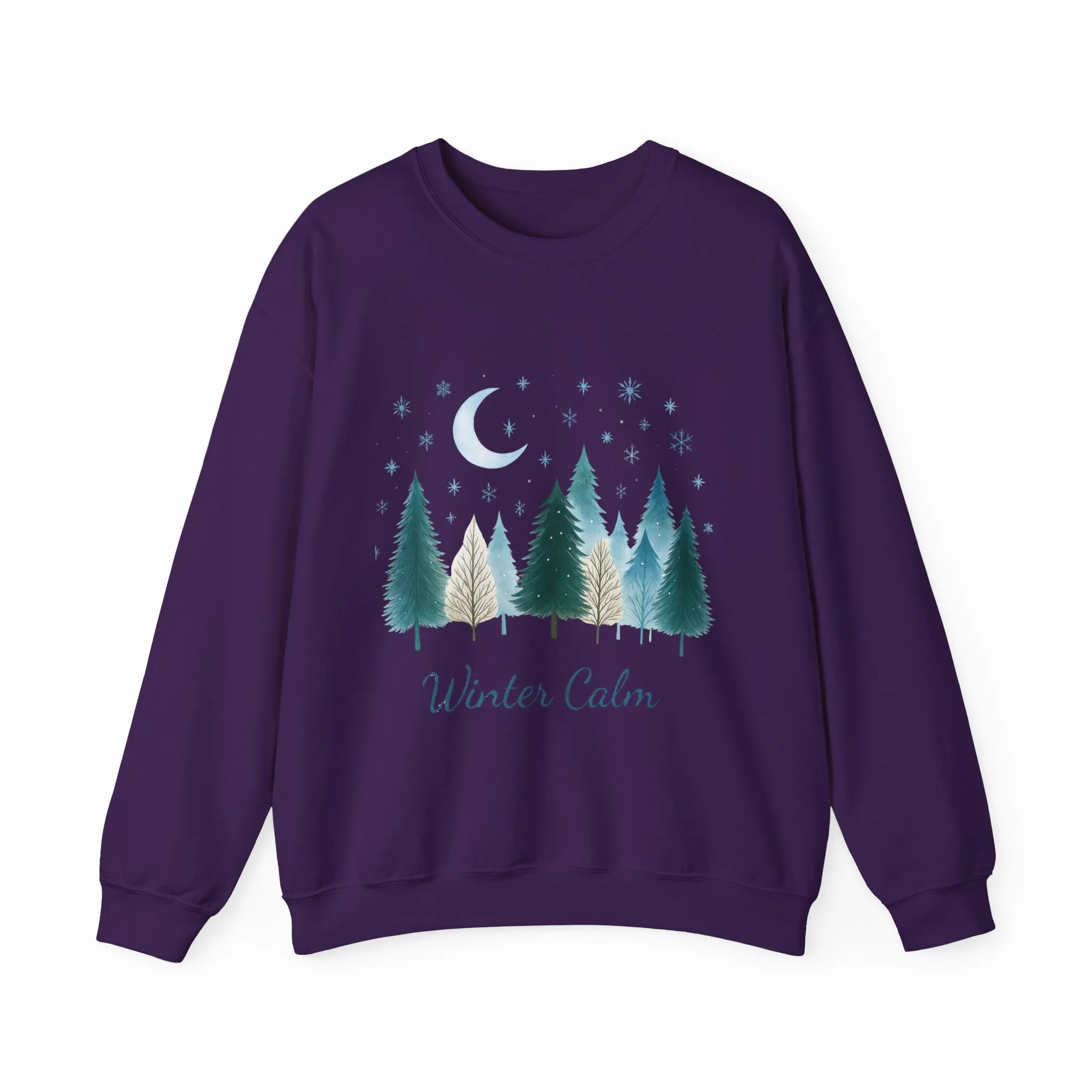 Winter Calm Sweatshirt, Minimalist Christmas Forest Pullover, Serene Winter Moon Scene Sweater for Women - Image 2