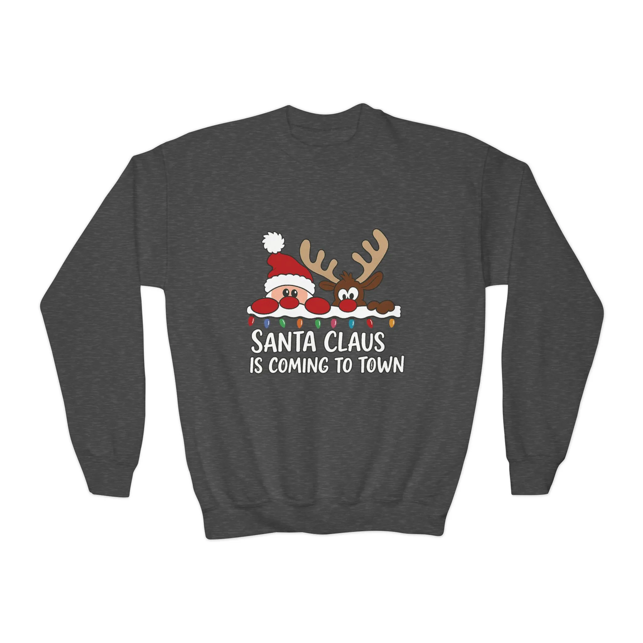 Santa Claus Is Coming to Town Kids Christmas Sweatshirt, Cute Santa - Reindeer Holiday Jumper - Image 9