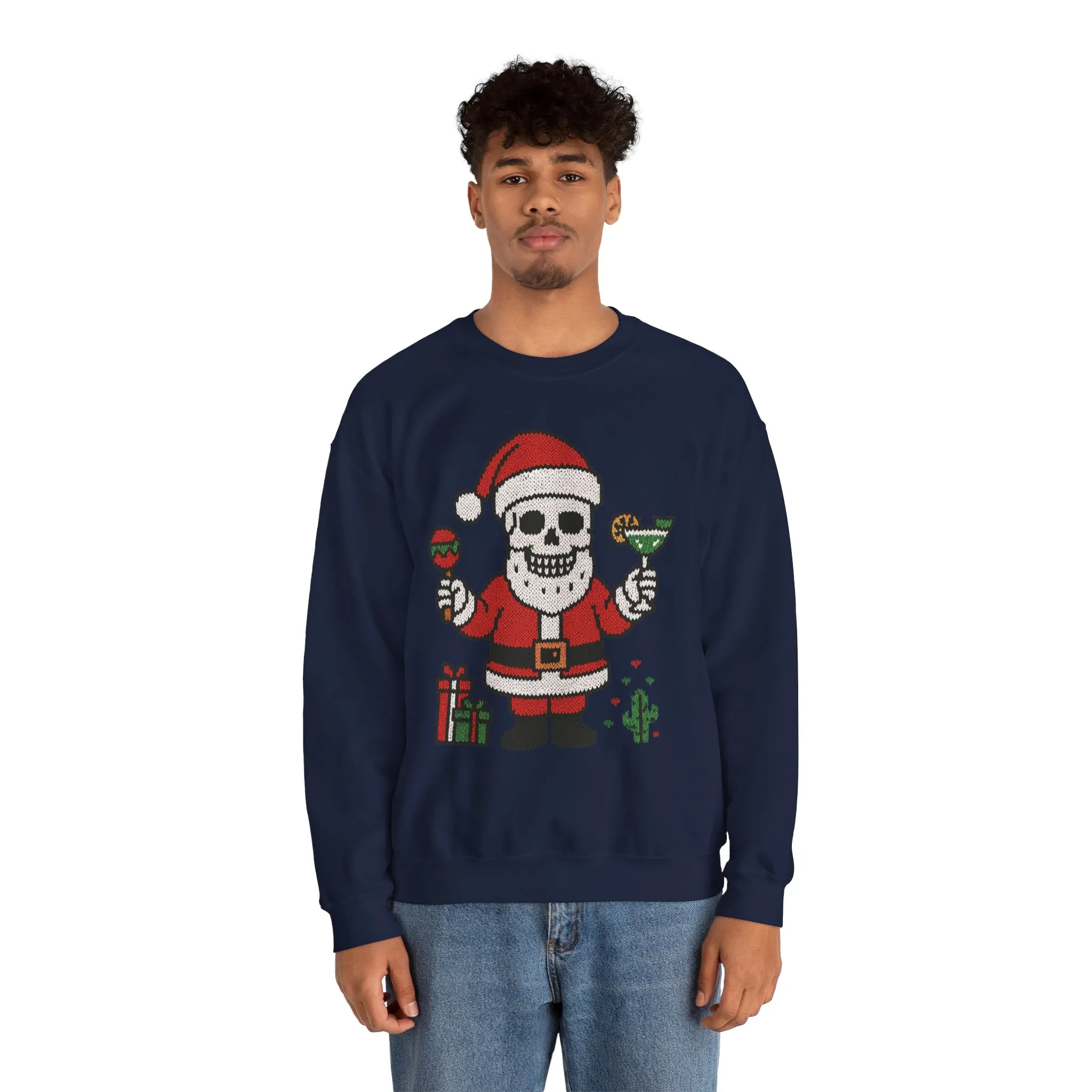 Funny Santa Skull Christmas Men's Sweatshirt, Holiday Margarita Pullover - Image 23