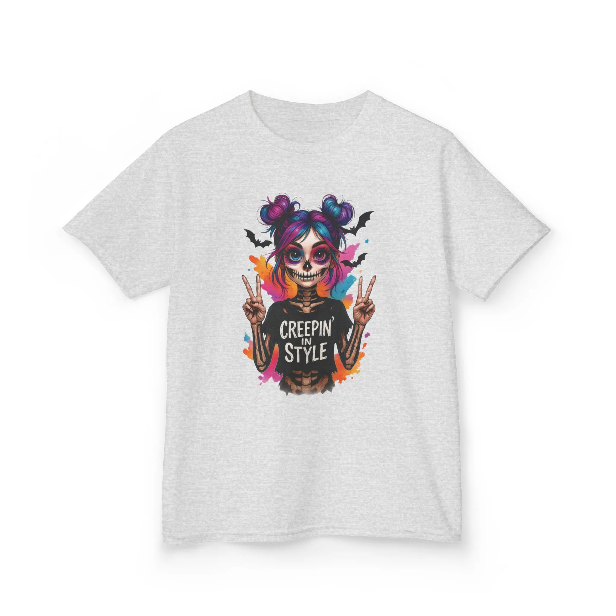 Creepin' in Style Kids Halloween T-Shirt, Colorful Skeleton Girl Design, Cute Spooky Shirt for Trendy Girls - Image 3