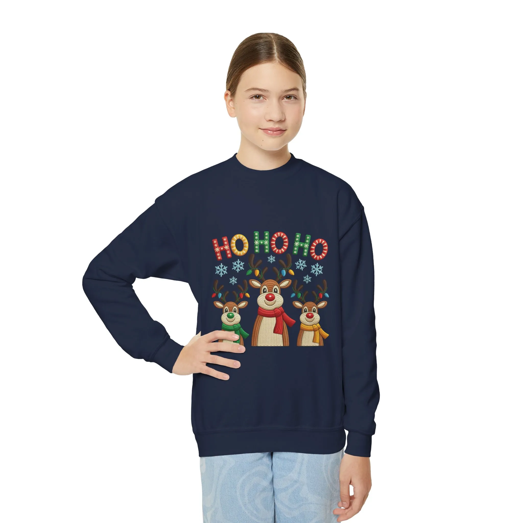 Ho Ho Ho Reindeer Sweatshirt for Girls, Cute Kids Christmas Pullover - Image 18