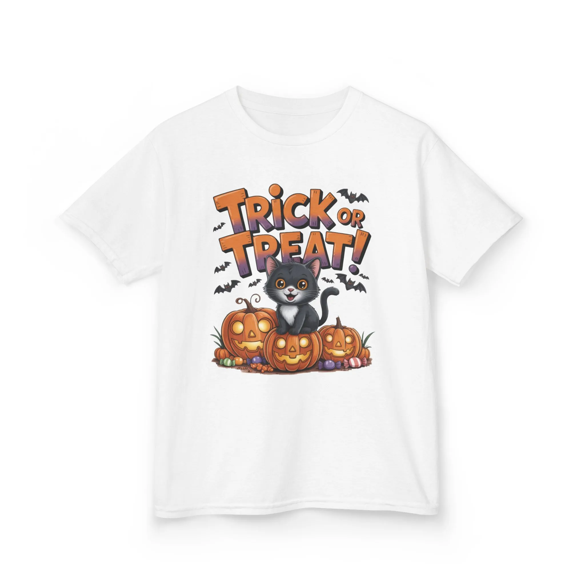 Girls Cute Black Cat Trick or Treat Halloween T-Shirt, Funny Pumpkin Cat Tee, Spooky Fall Shirt for Kids, Matching Family Halloween Shirts