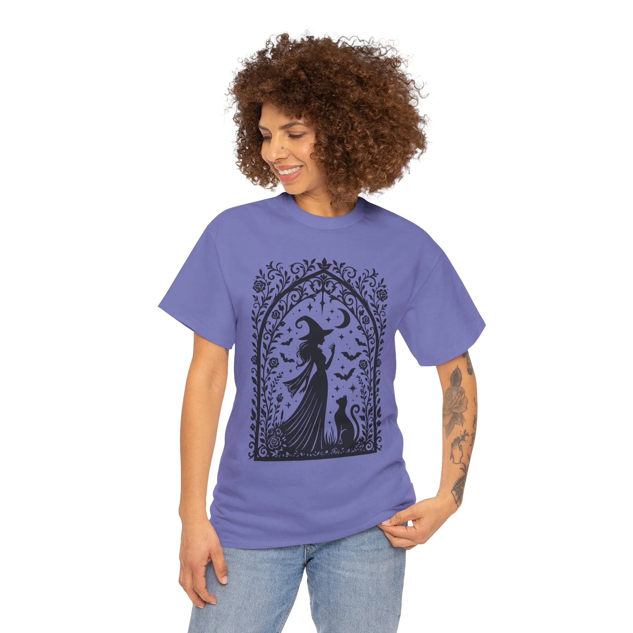 Gothic Witch & Cat Women's T-Shirt, Elegant Halloween Moon Silhouette Witchy Graphic Tee - Image 20