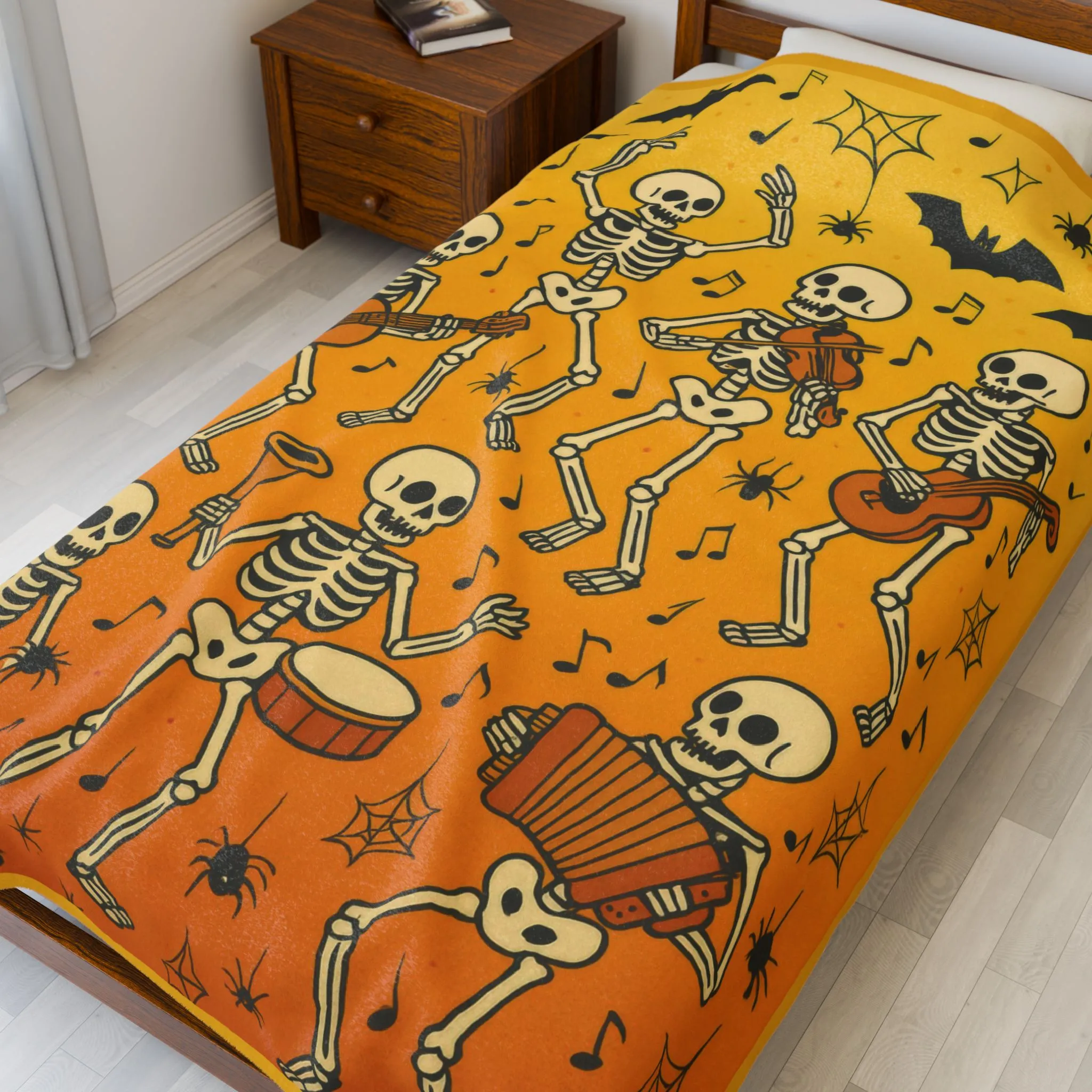 Dancing Skeleton Halloween Velveteen Plush Blanket, Funny Spooky Skeleton Band Throw Blanket, Cozy Fall Gothic Home Decor, Music Lover Gift - Image 2