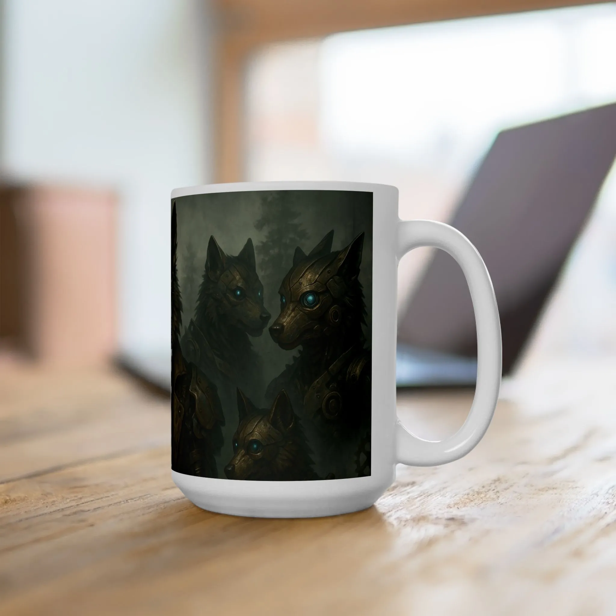Mug (15oz),Steampunk Wolf Mug, Mechanical Cyber Wolf Coffee Cup, Industrial Fantasy Gear Art Gift, Futuristic Animal Design for Him - Image 5