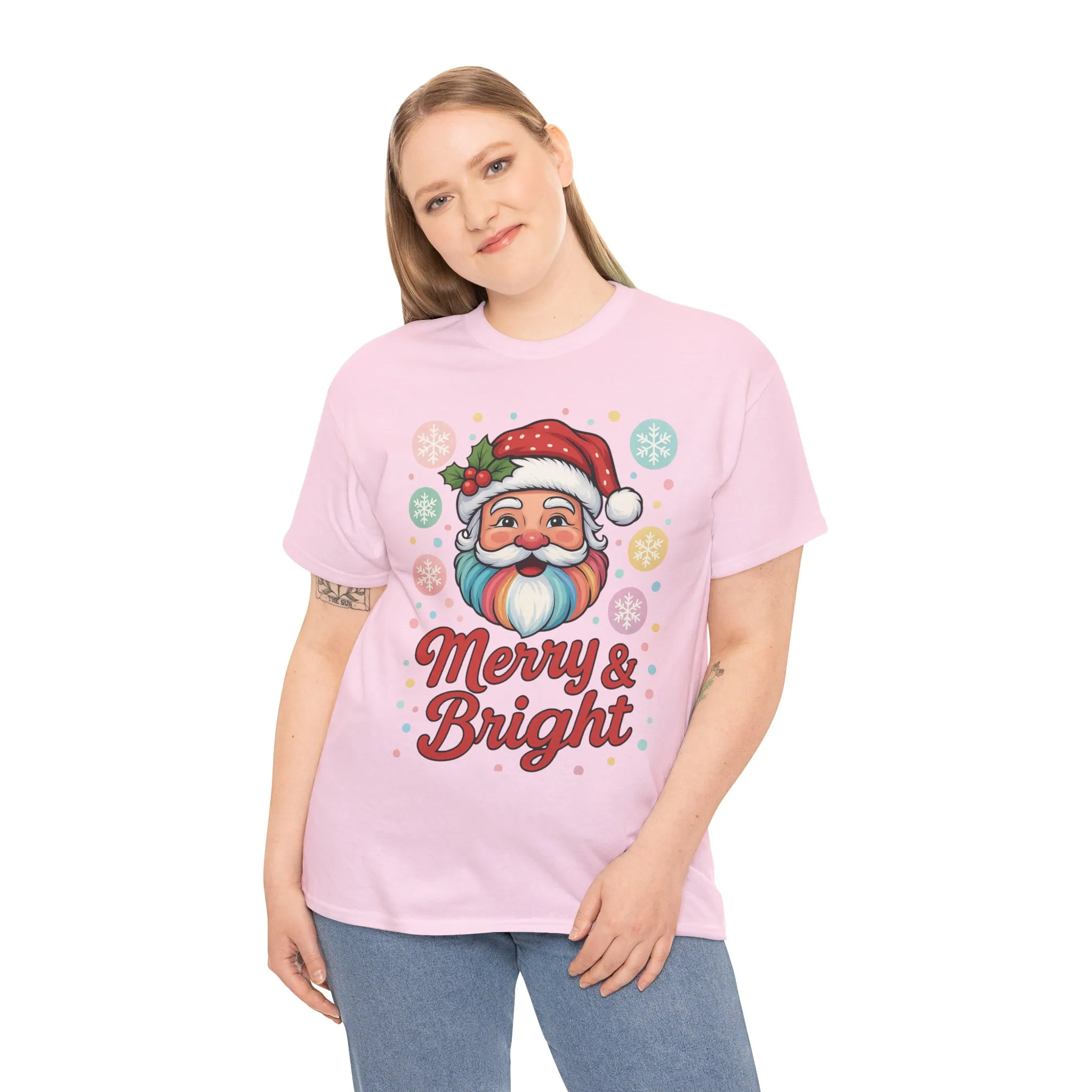 Merry - Bright Santa Christmas T-Shirt, Retro Pastel Christmas Tee, Cute Holiday Shirt for Women - Image 3