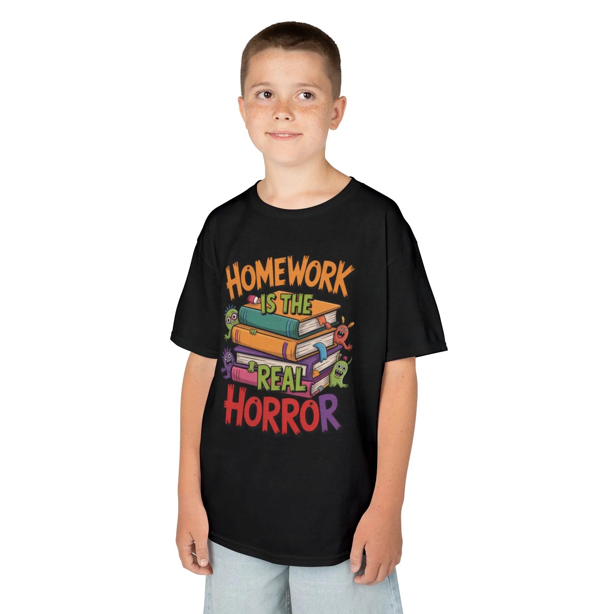 Kids Funny Homework Tee, Cute Monster School Shirt, Homework Is the Real Horror, Back to School Gift for Boys & Girls, Kids Halloween Tee - Image 9