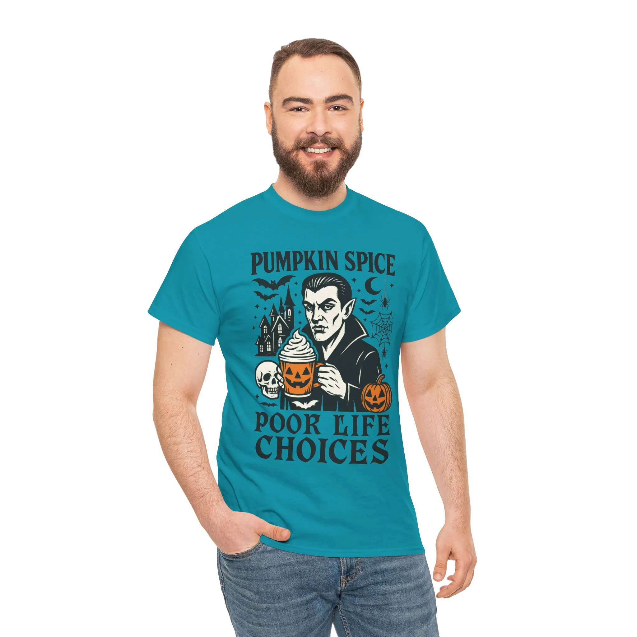 Pumpkin Spice Poor Life Choices Men's T-Shirt, Funny Vampire Coffee Halloween Graphic Tee - Image 14