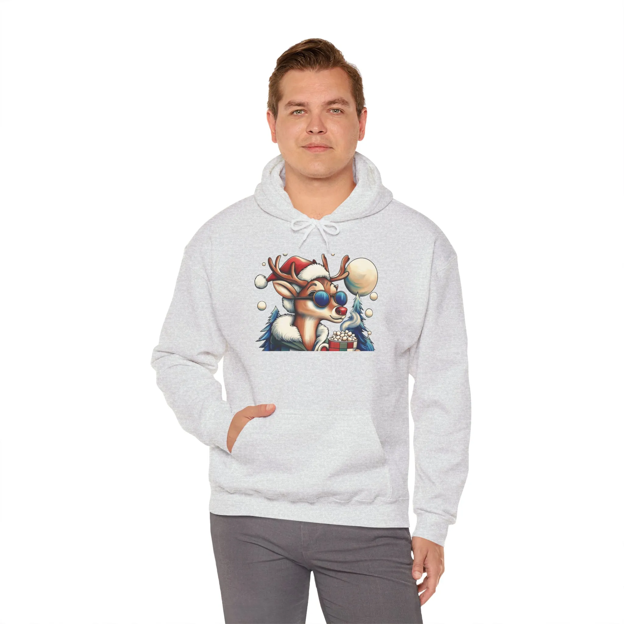 Cool Reindeer Christmas Hoodie, Funny Holiday Hot Cocoa Pullover for Men - Image 8