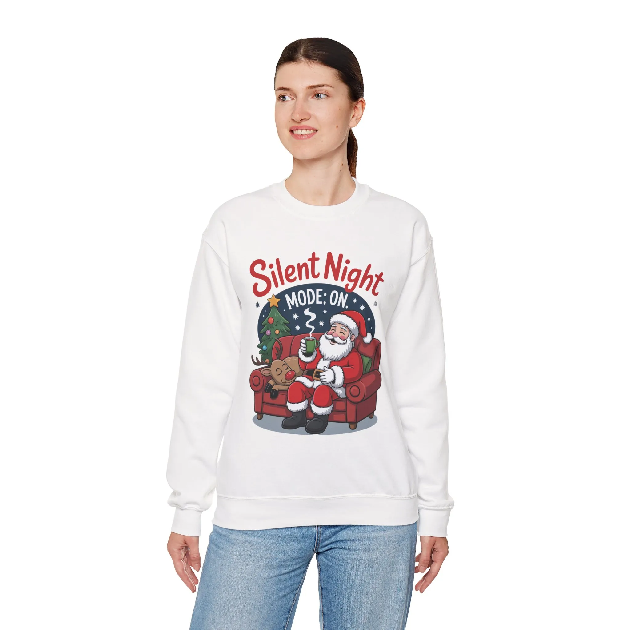 Silent Night Mode On Christmas Sweatshirt, Funny Relaxed Santa - Reindeer Sweater, Cozy Holiday Jumper for Women - Image 6