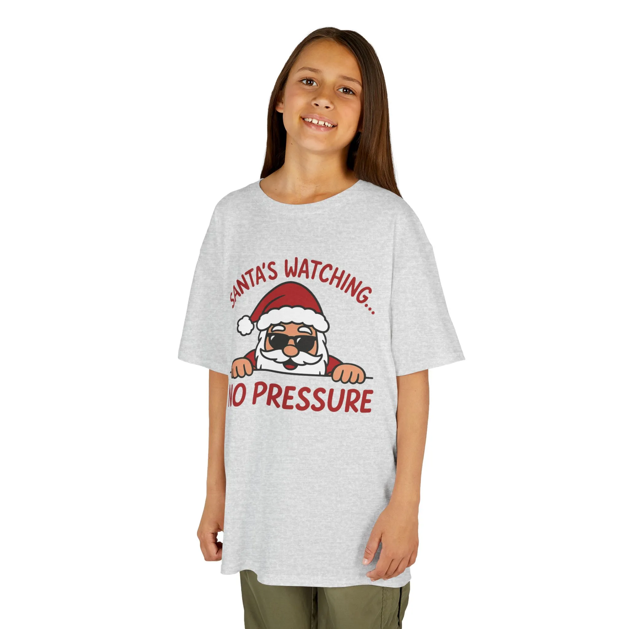 Santa's Watching No Pressure Kids Christmas T-Shirt, Funny Holiday Tee for Youth - Image 2