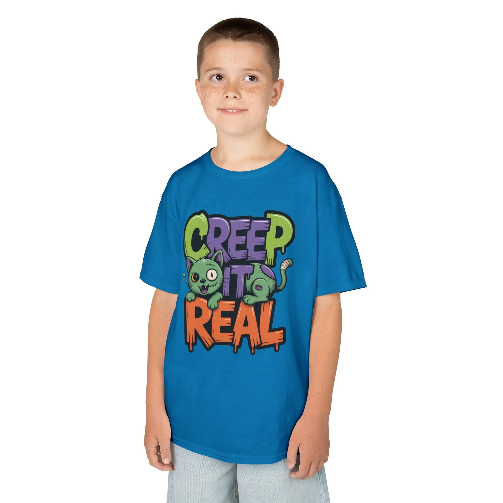 Creep It Real Kids Halloween Shirt, Cute Zombie Cat Graffiti Style T-Shirt for Boys & Girls - Image 12