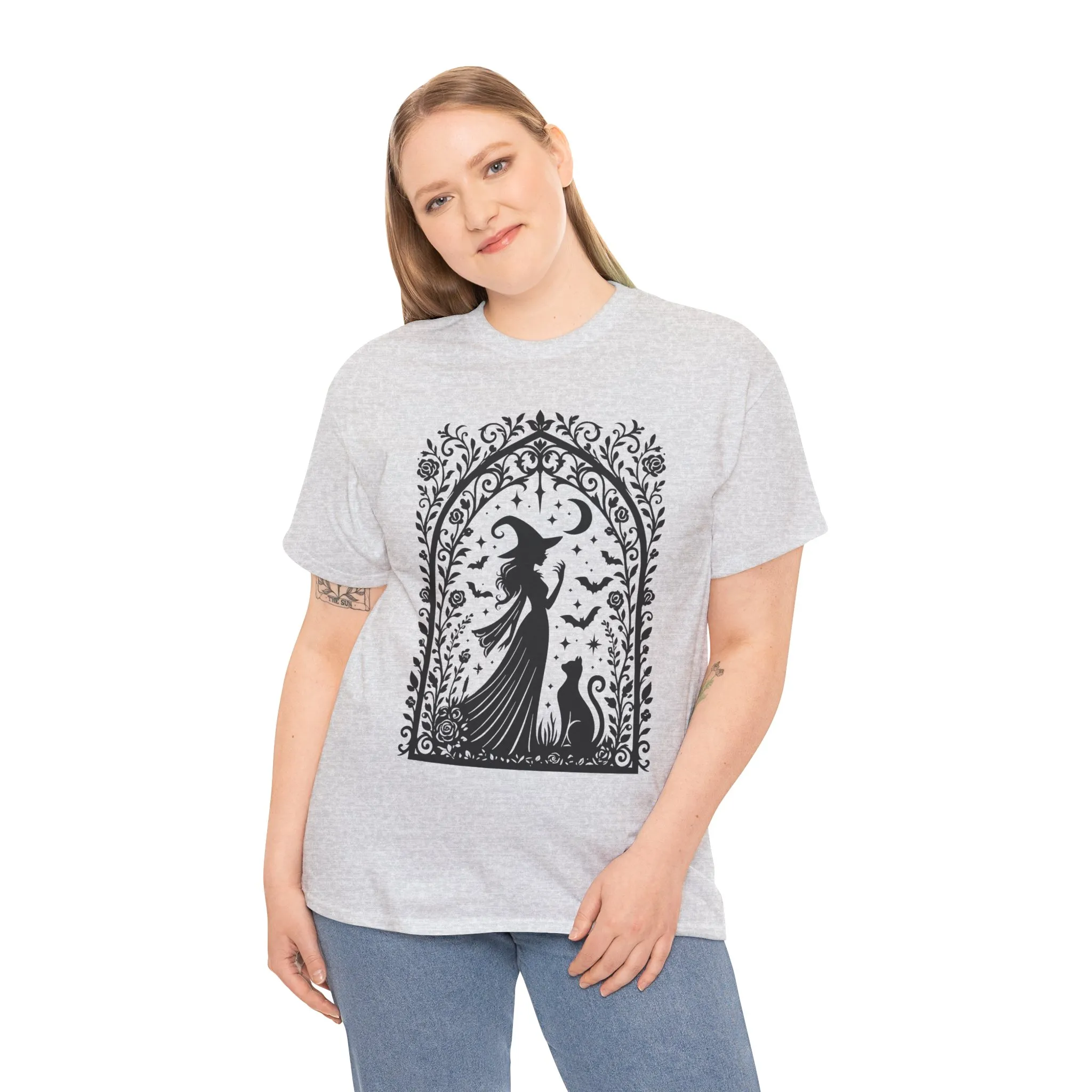 Gothic Witch & Cat Women's T-Shirt, Elegant Halloween Moon Silhouette Witchy Graphic Tee - Image 6