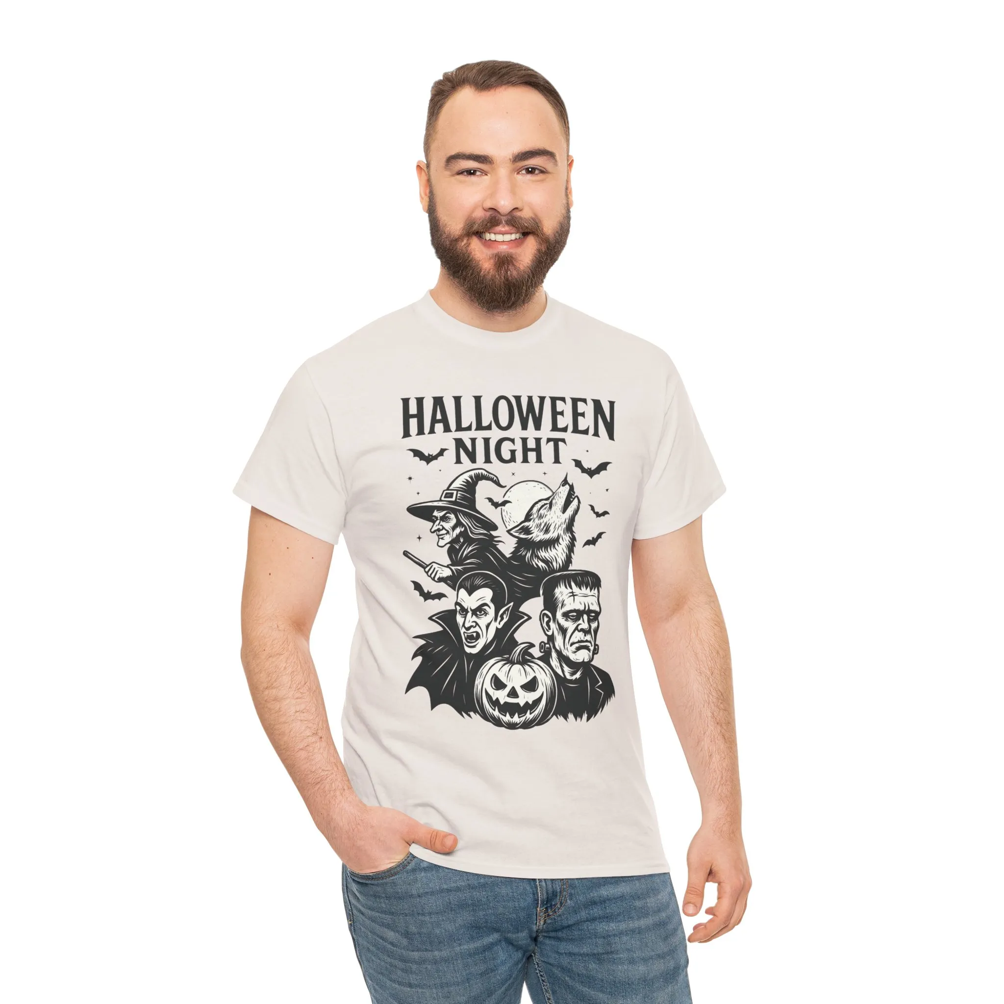 Halloween Night Men's T-Shirt, Classic Monsters Graphic Tee, Witch, Vampire, Frankenstein, Werewolf - Image 8