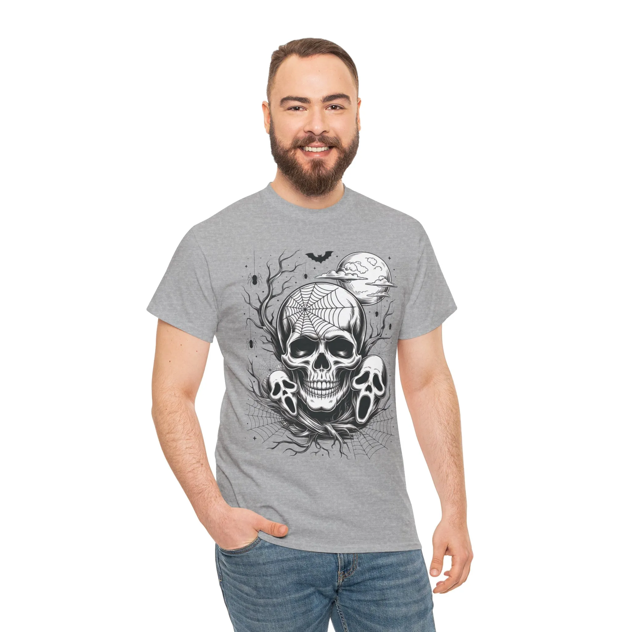 Men's Gothic Skull T-Shirt, Halloween Graphic Tee, Spider Web Moon Horror Shirt, Spooky Skull Graphic Top for Him - Image 8