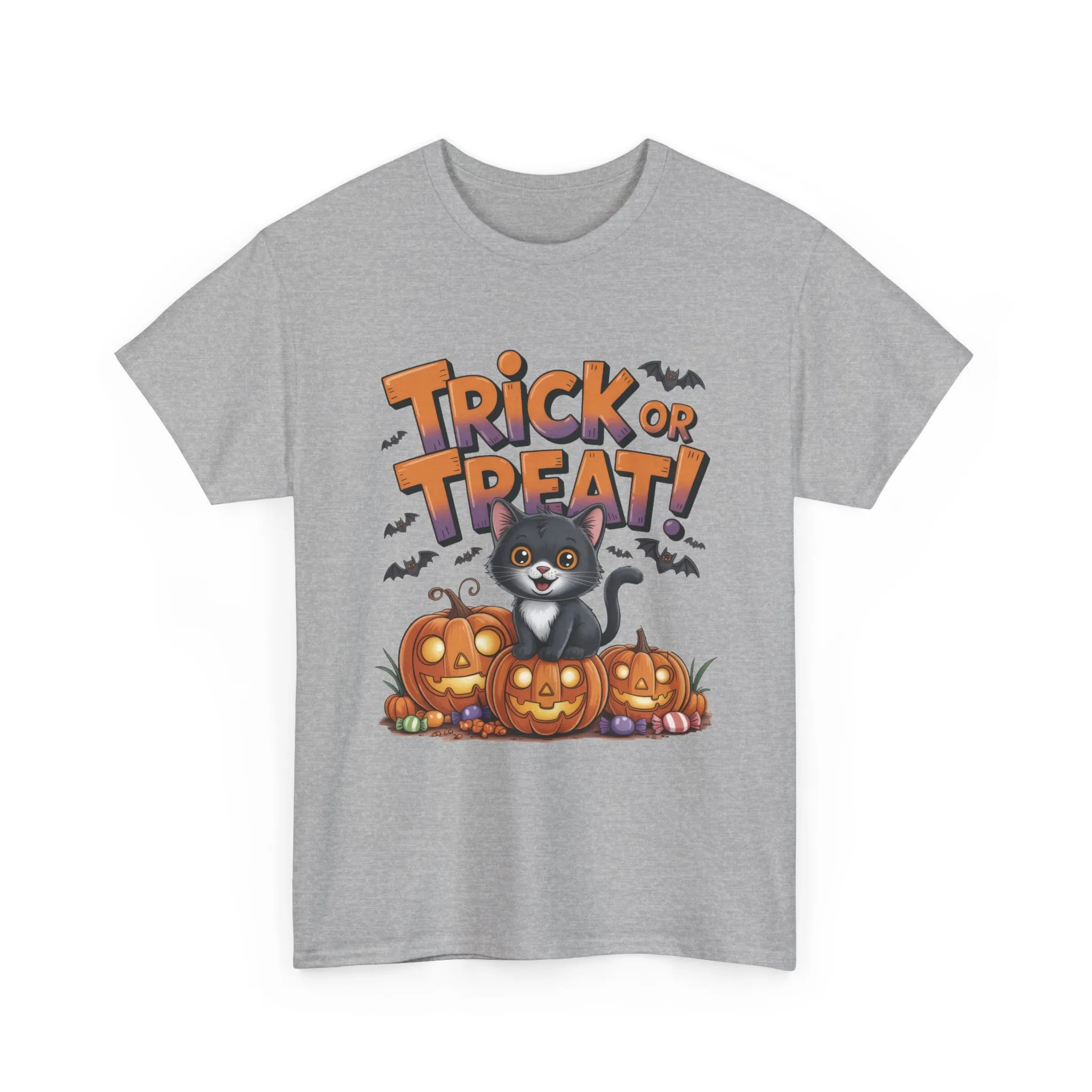 Cute Black Cat Trick or Treat Halloween T-Shirt for Women, Funny Pumpkin Cat Tee, Spooky Fall Shirt, Matching Family Halloween Shirts - Image 2