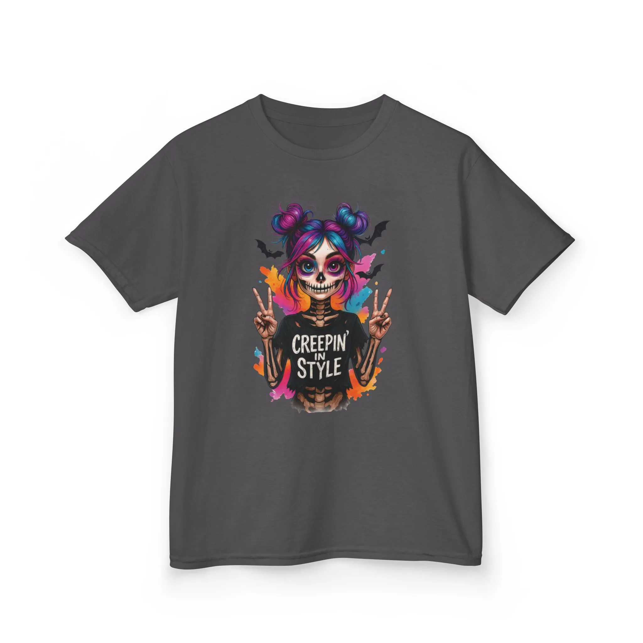 Creepin' in Style Kids Halloween T-Shirt, Colorful Skeleton Girl Design, Cute Spooky Shirt for Trendy Girls - Image 2