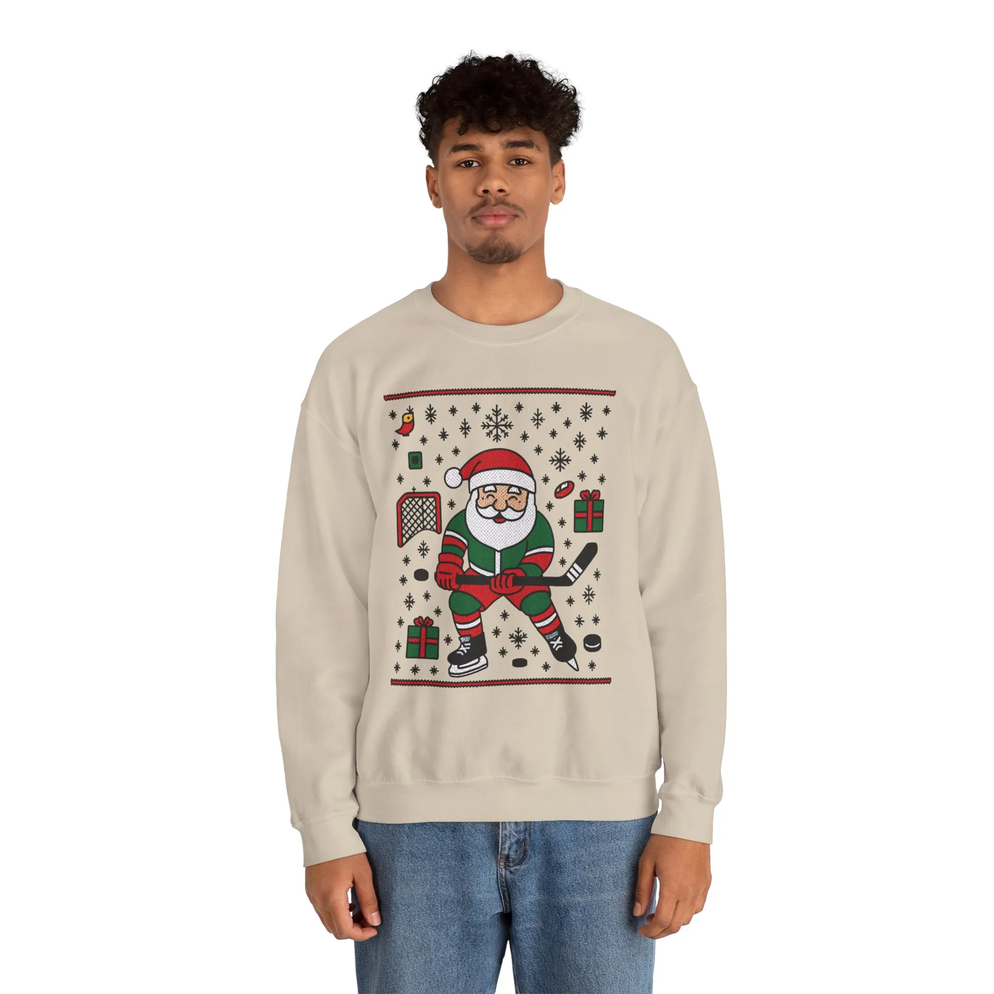 Hockey Santa Men's Christmas Sweatshirt, Funny Sports Holiday Jumper
