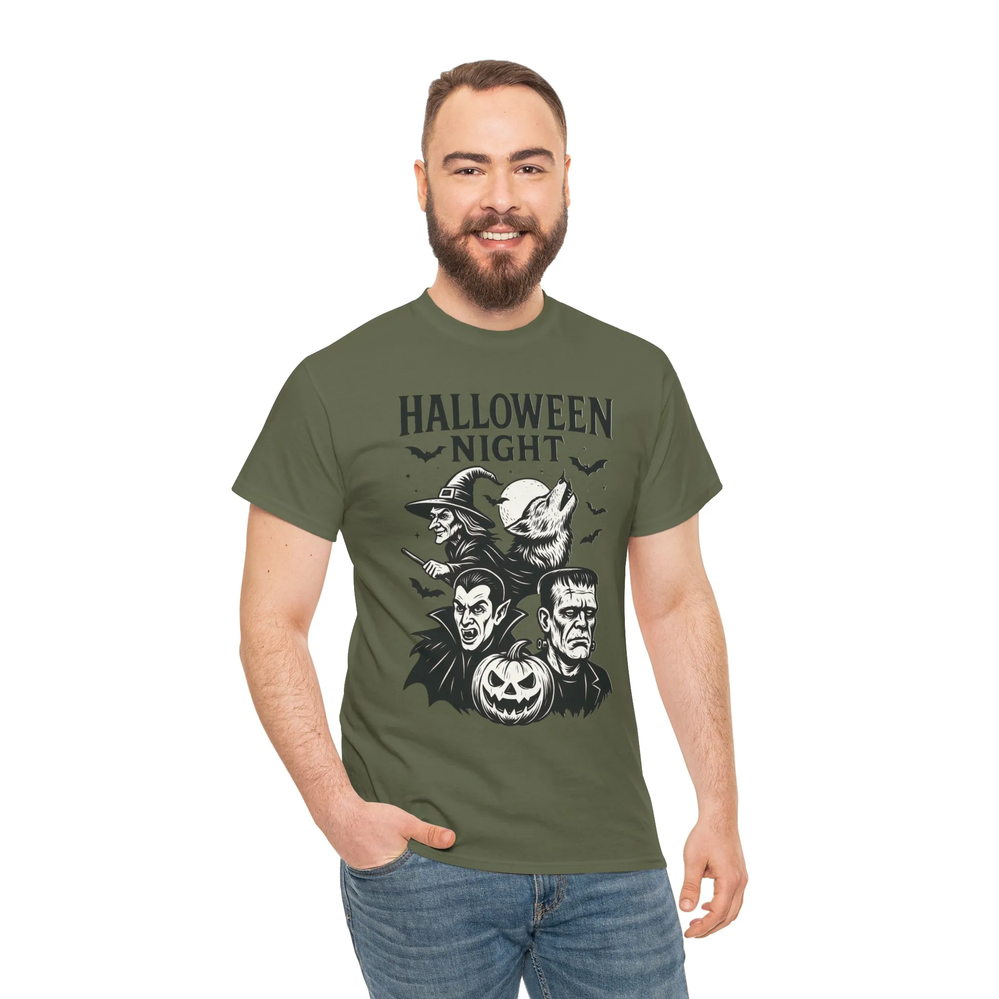 Halloween Night Men's T-Shirt, Classic Monsters Graphic Tee, Witch, Vampire, Frankenstein, Werewolf - Image 32