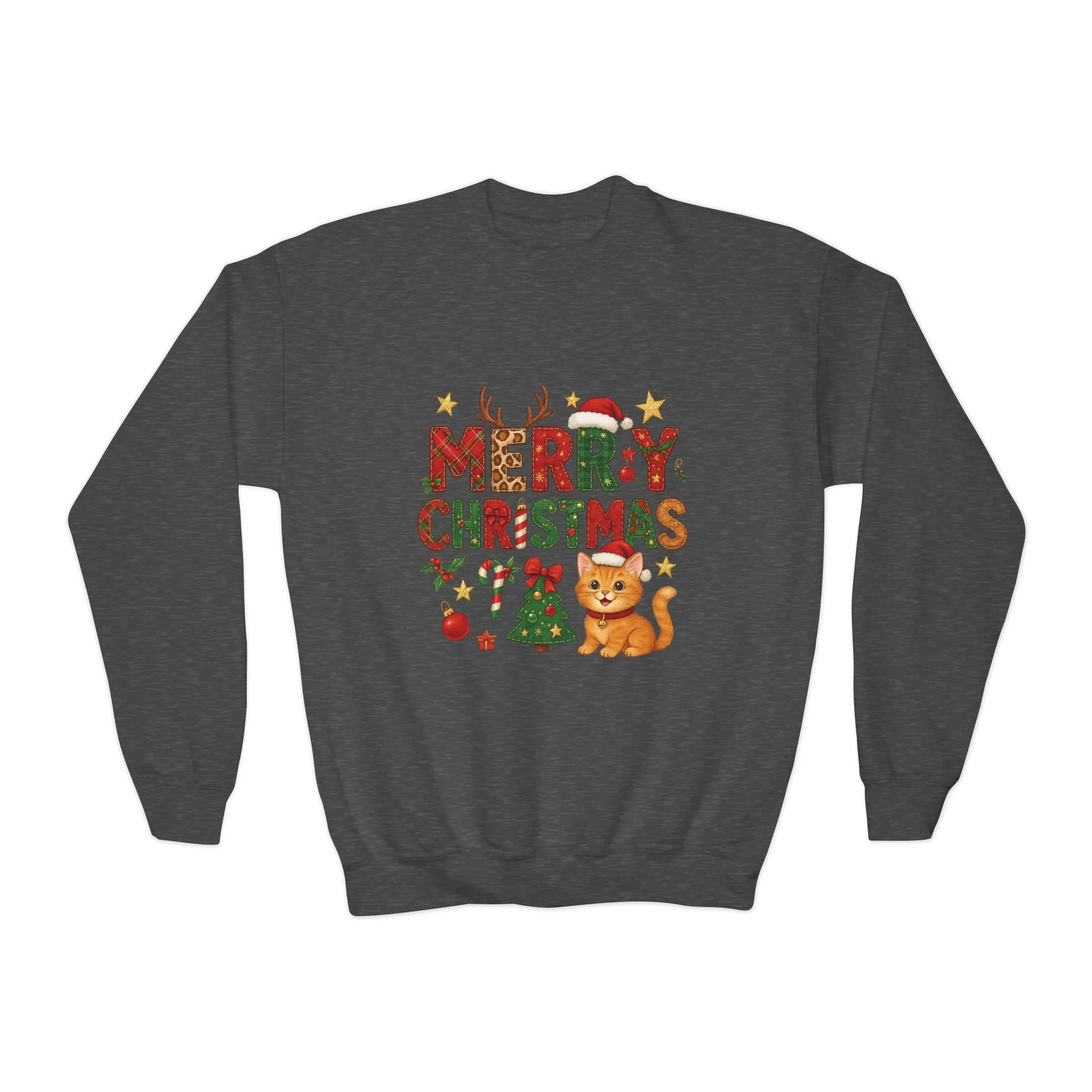 Merry Christmas Cat Sweatshirt for Girls, Cozy Holiday Kitten Jumper, Youth Crewneck Sweatshirt - Image 10