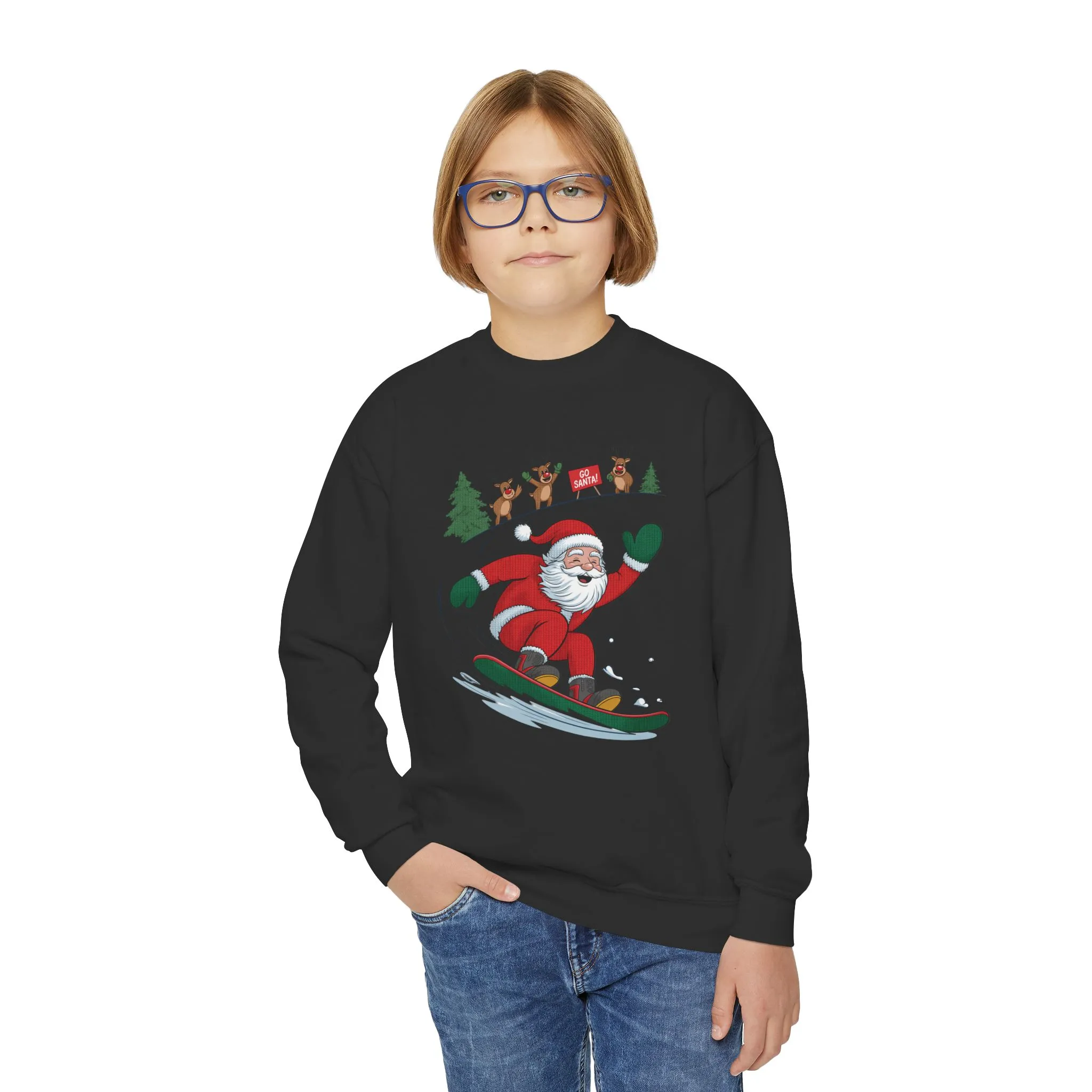 Go Santa Snowboarding Christmas Sweatshirt, Funny Santa - Reindeer Holiday Jumper for Kids, Cute Winter Sports Christmas Youth Sweatshirt - Image 5