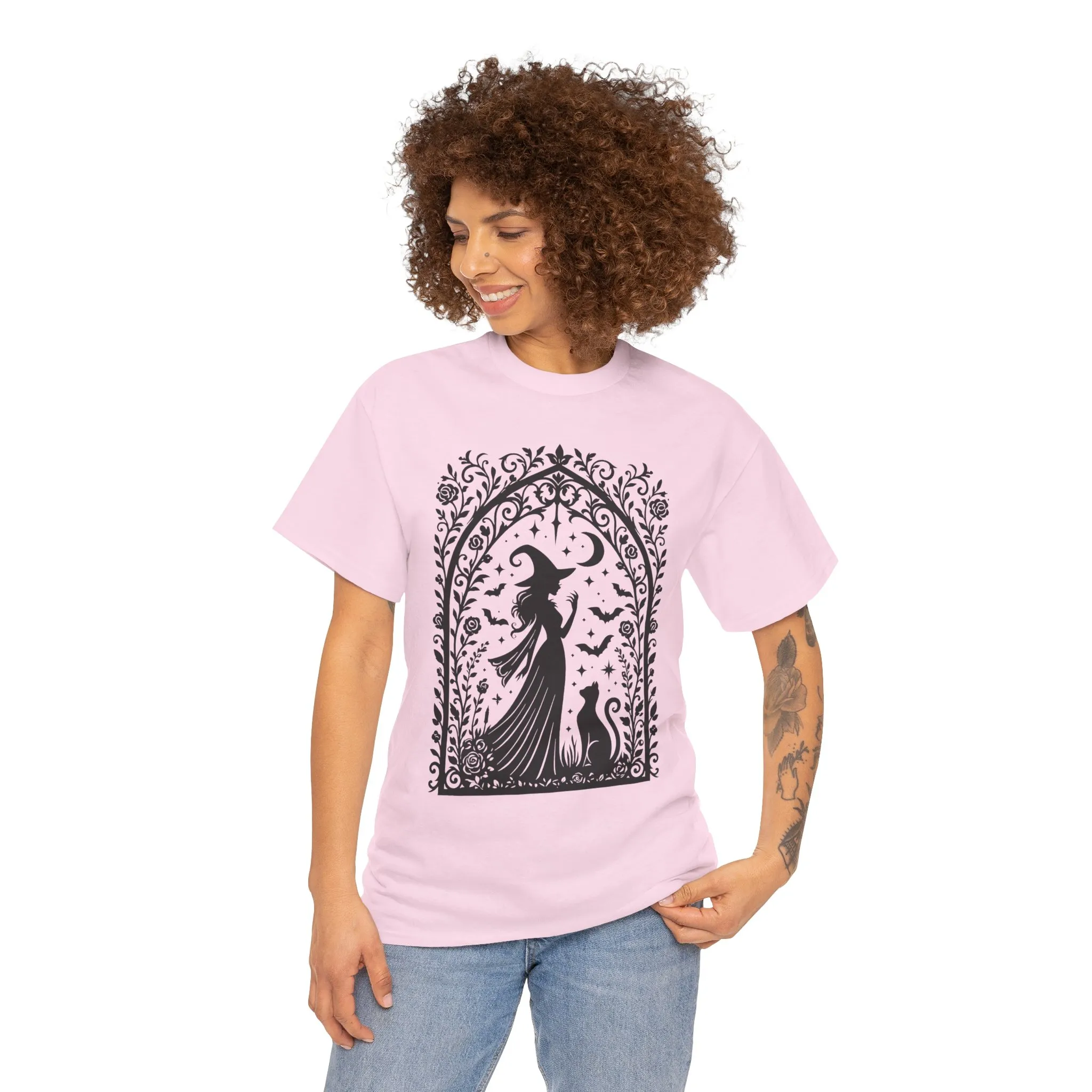 Gothic Witch & Cat Women's T-Shirt, Elegant Halloween Moon Silhouette Witchy Graphic Tee - Image 35