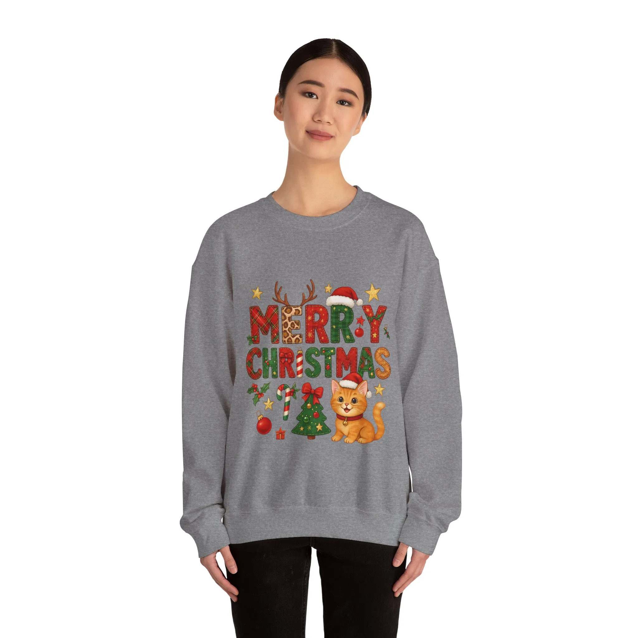Women's Merry Christmas Cat Sweatshirt, Cozy Holiday Cat Lover Pullover, Women's Heavy Blend™ Crewneck Sweatshirt - Image 5