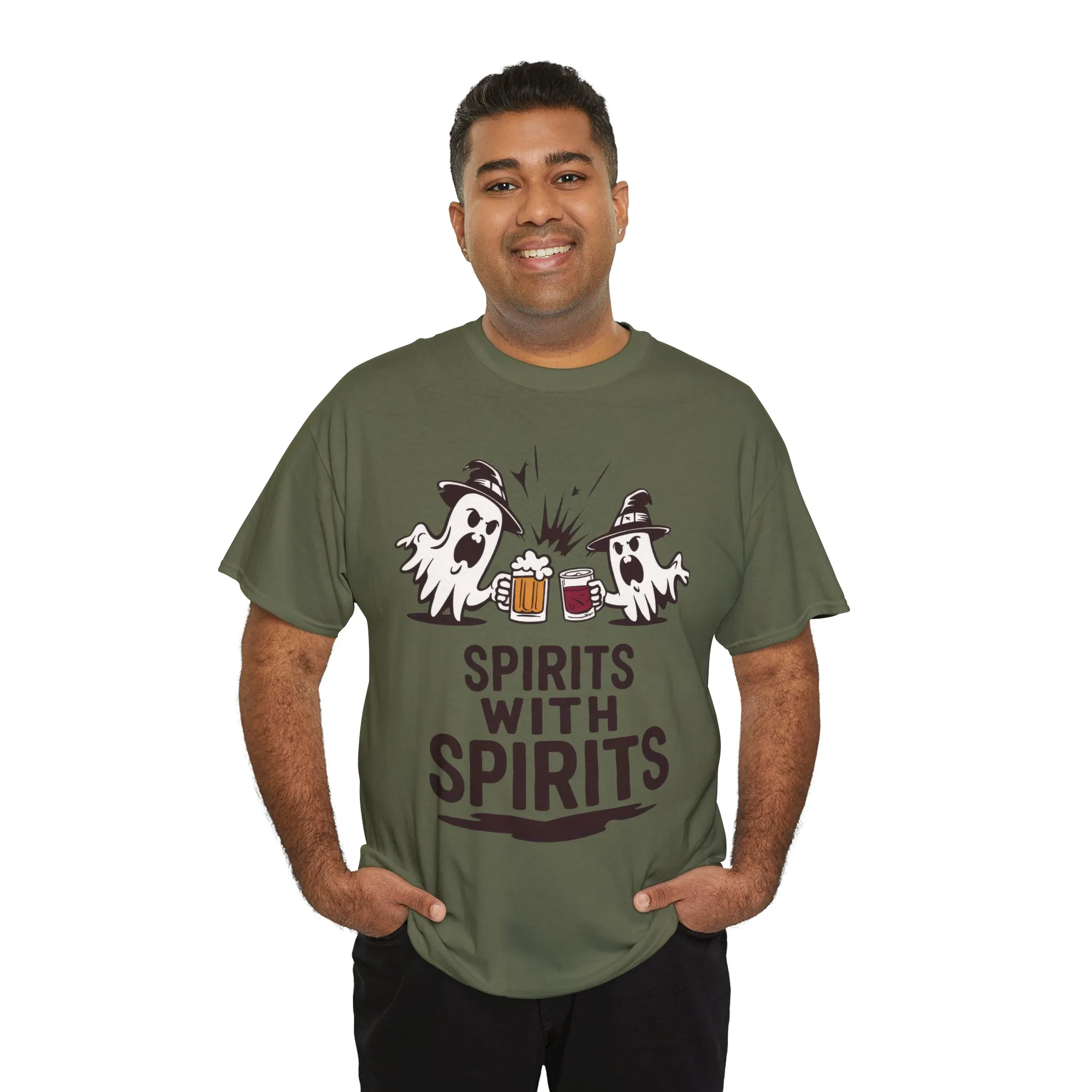 Spirits With Spirits Men's T-Shirt, Funny Ghost Drinking Halloween Party Graphic Tee - Image 9