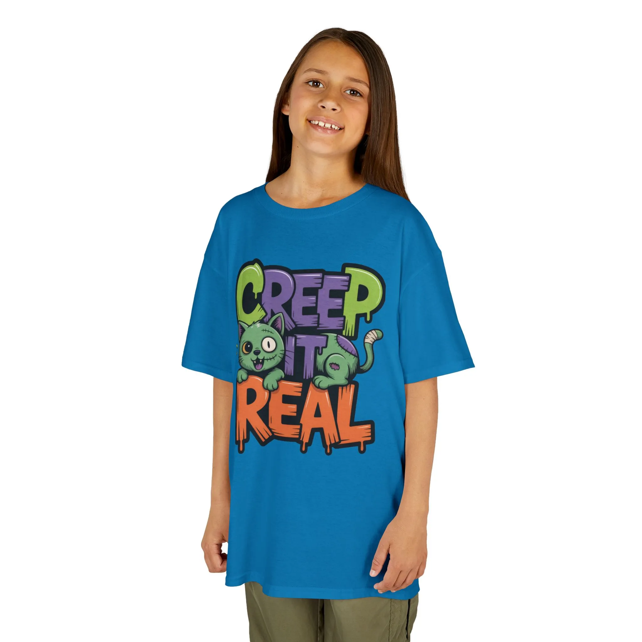 Creep It Real Kids Halloween Shirt, Cute Zombie Cat Graffiti Style T-Shirt for Boys & Girls - Image 11