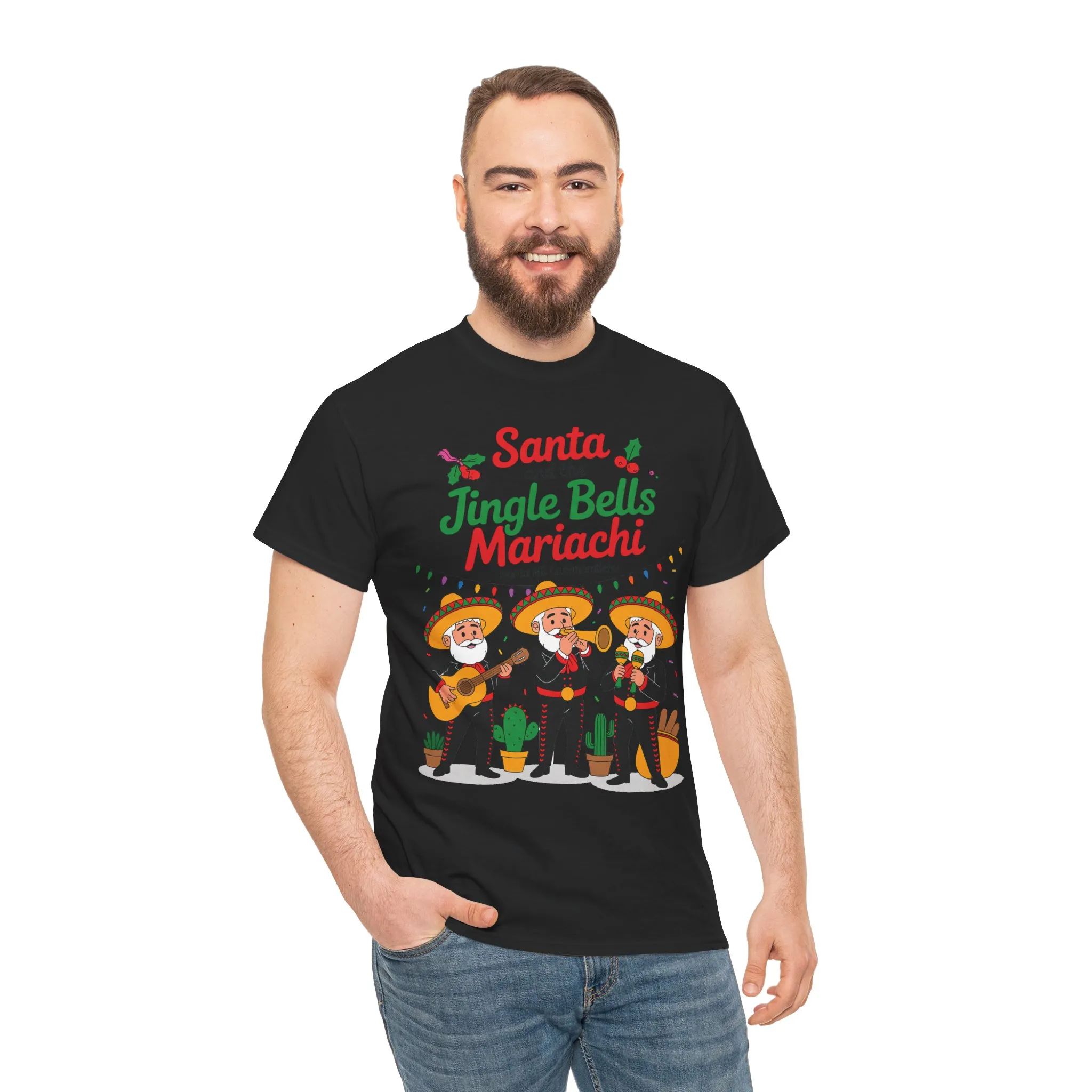 Santa and the Jingle Bells Mariachi, Funny Mexican Christmas T-Shirt, Latin Fiesta Holiday Tee, Navidad Humor Shirt - Image 5
