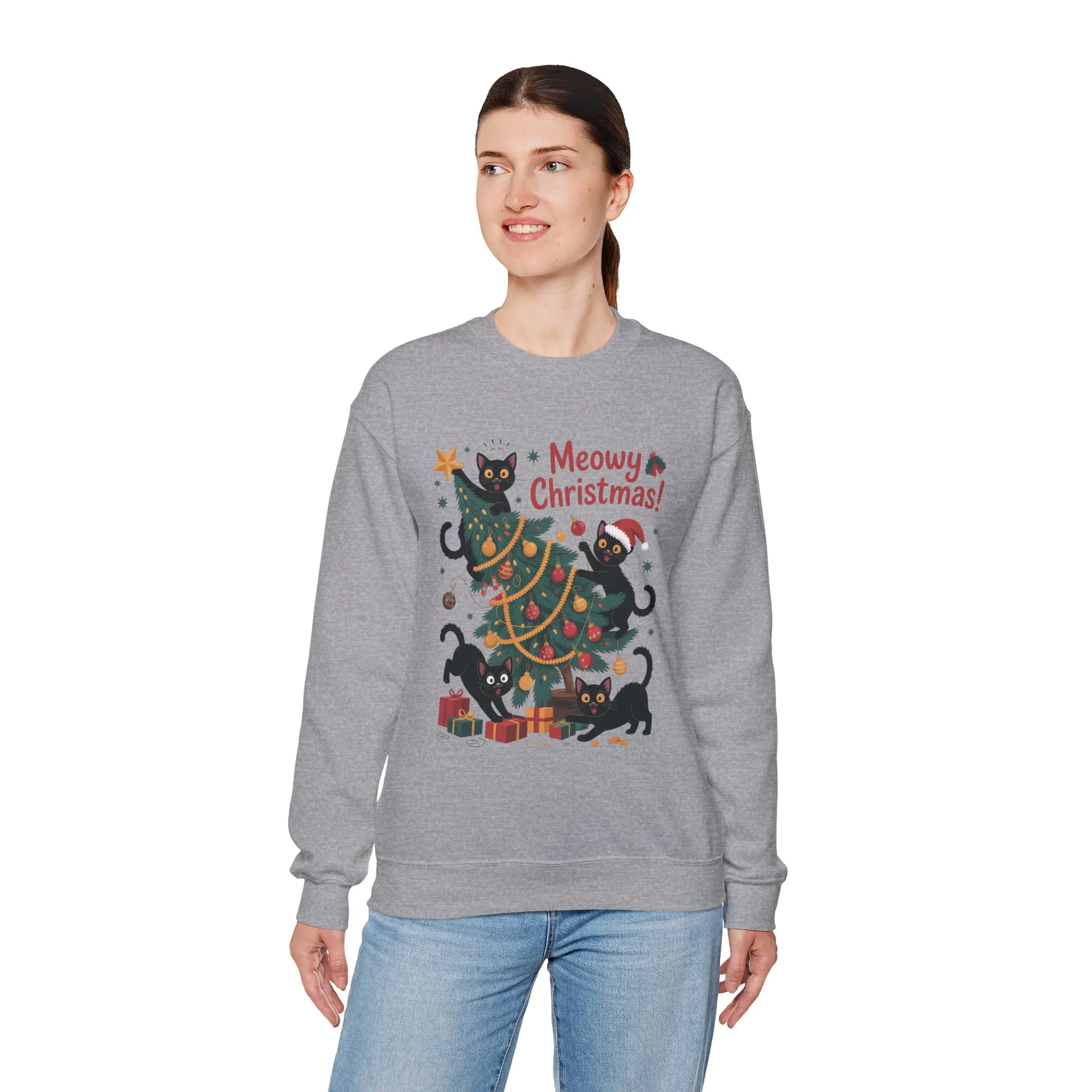 Black Cats Christmas Tree Sweatshirt, Funny Cat Lover Holiday Sweater, Cute Christmas Cat Chaos Jumper - Image 9
