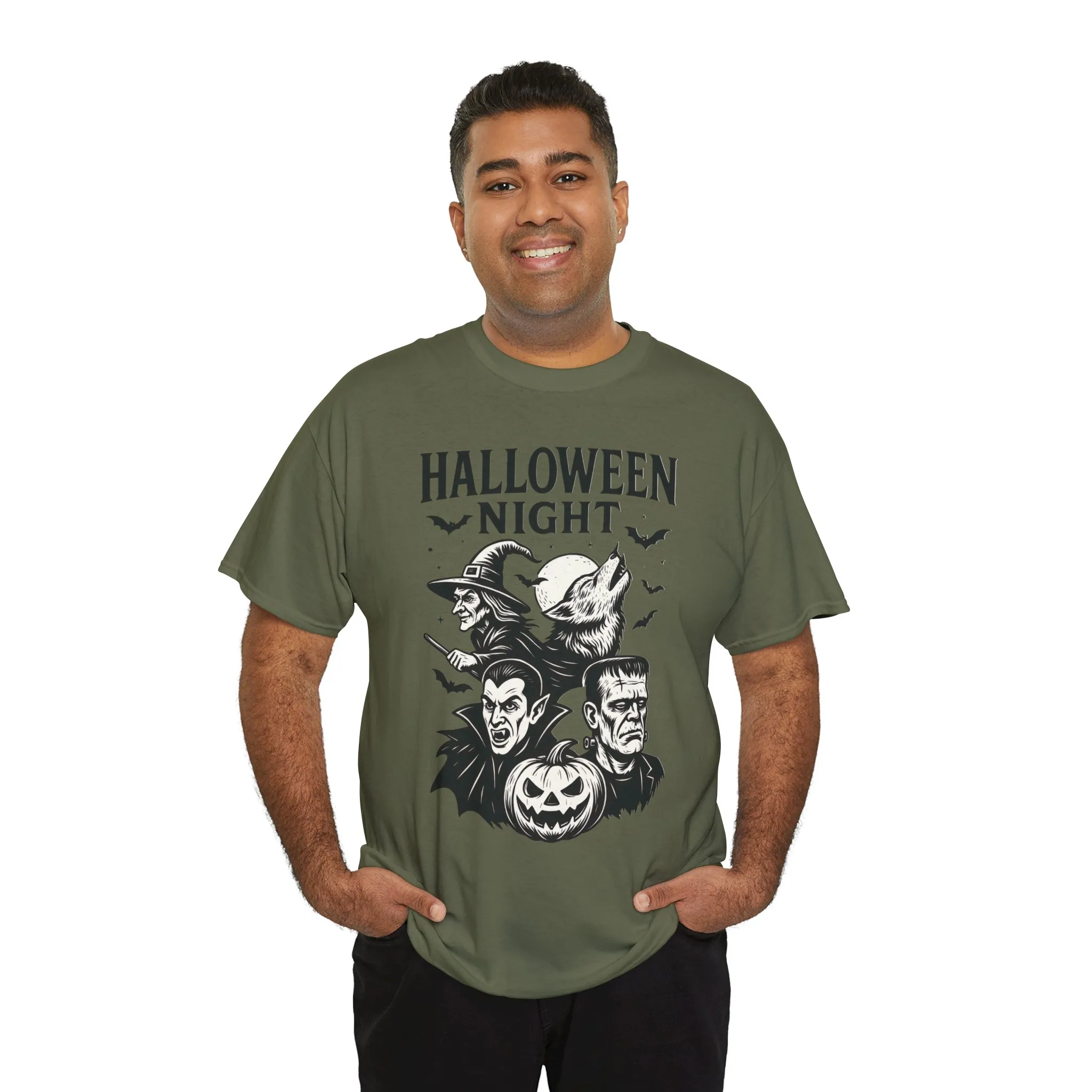 Halloween Night Men's T-Shirt, Classic Monsters Graphic Tee, Witch, Vampire, Frankenstein, Werewolf - Image 33