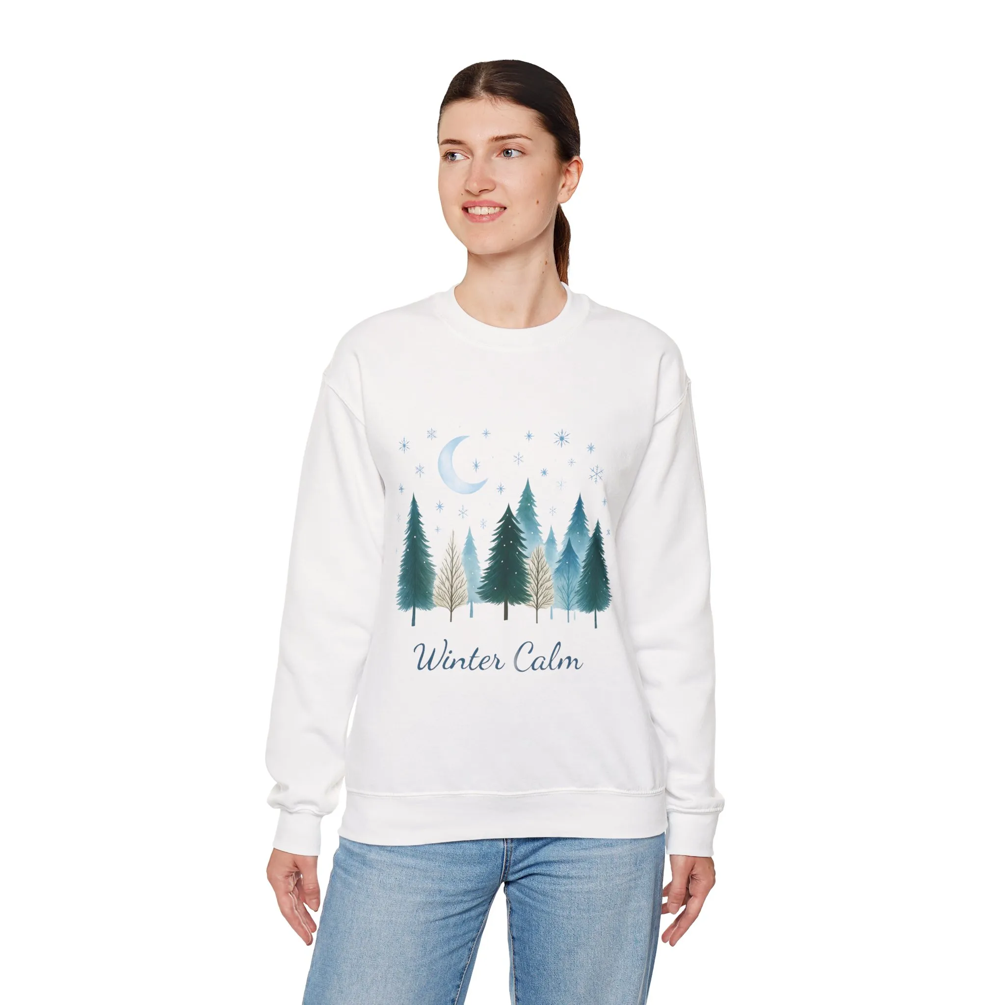 Winter Calm Sweatshirt, Minimalist Christmas Forest Pullover, Serene Winter Moon Scene Sweater for Women - Image 6