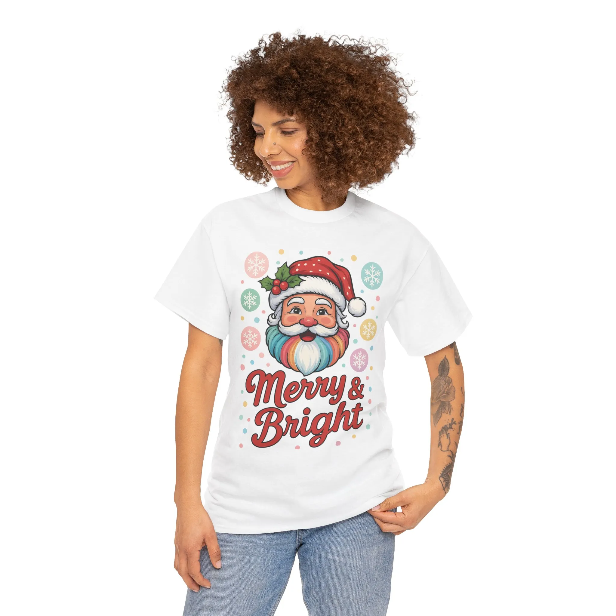 Merry - Bright Santa Christmas T-Shirt, Retro Pastel Christmas Tee, Cute Holiday Shirt for Women - Image 5