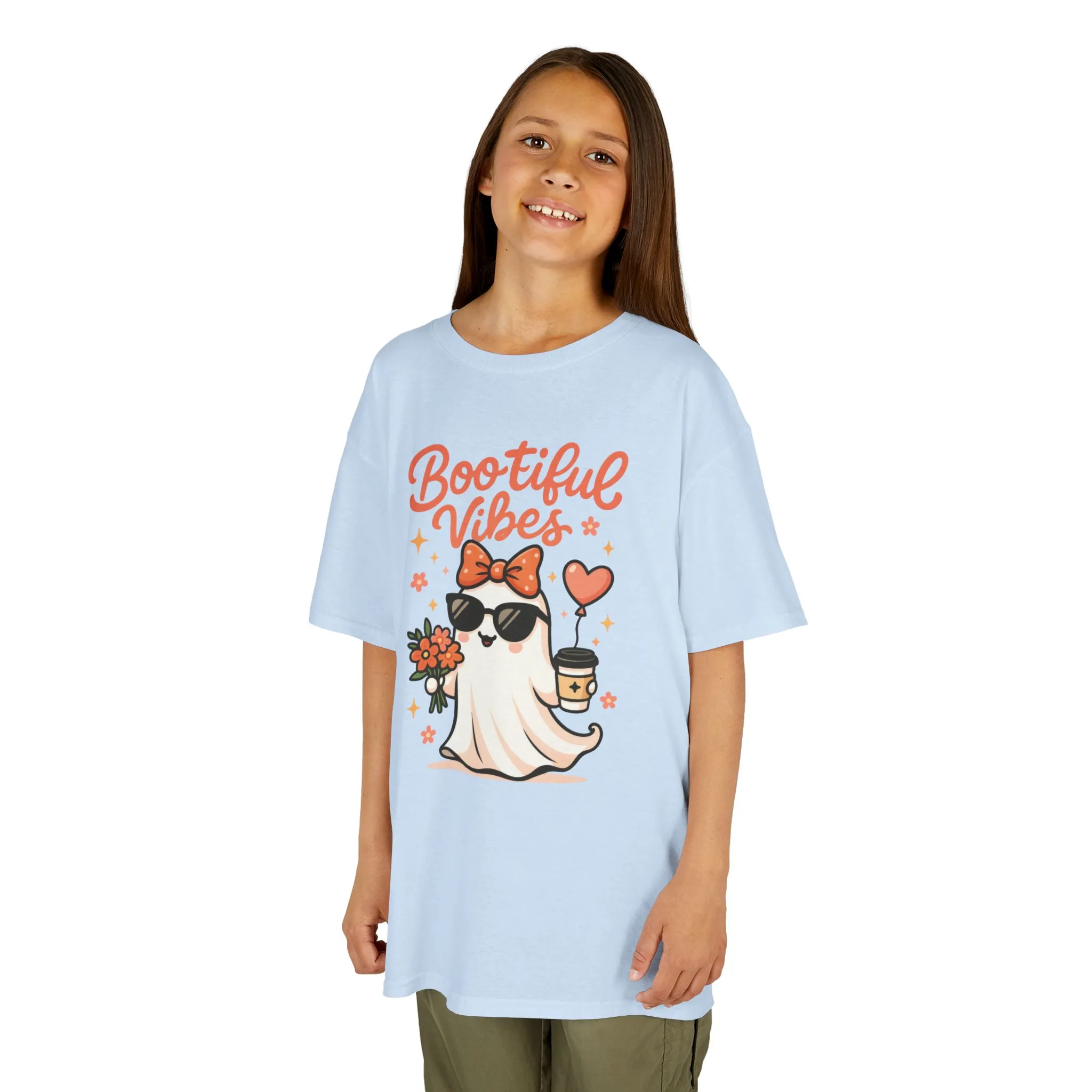 Girls Halloween Ghost T-Shirt, Cute Bootiful Vibes Tee for Kids, Fun Spooky Season Shirt, Tween Girl Outfit Gift, Kids Heavy Cotton™ Tee - Image 10