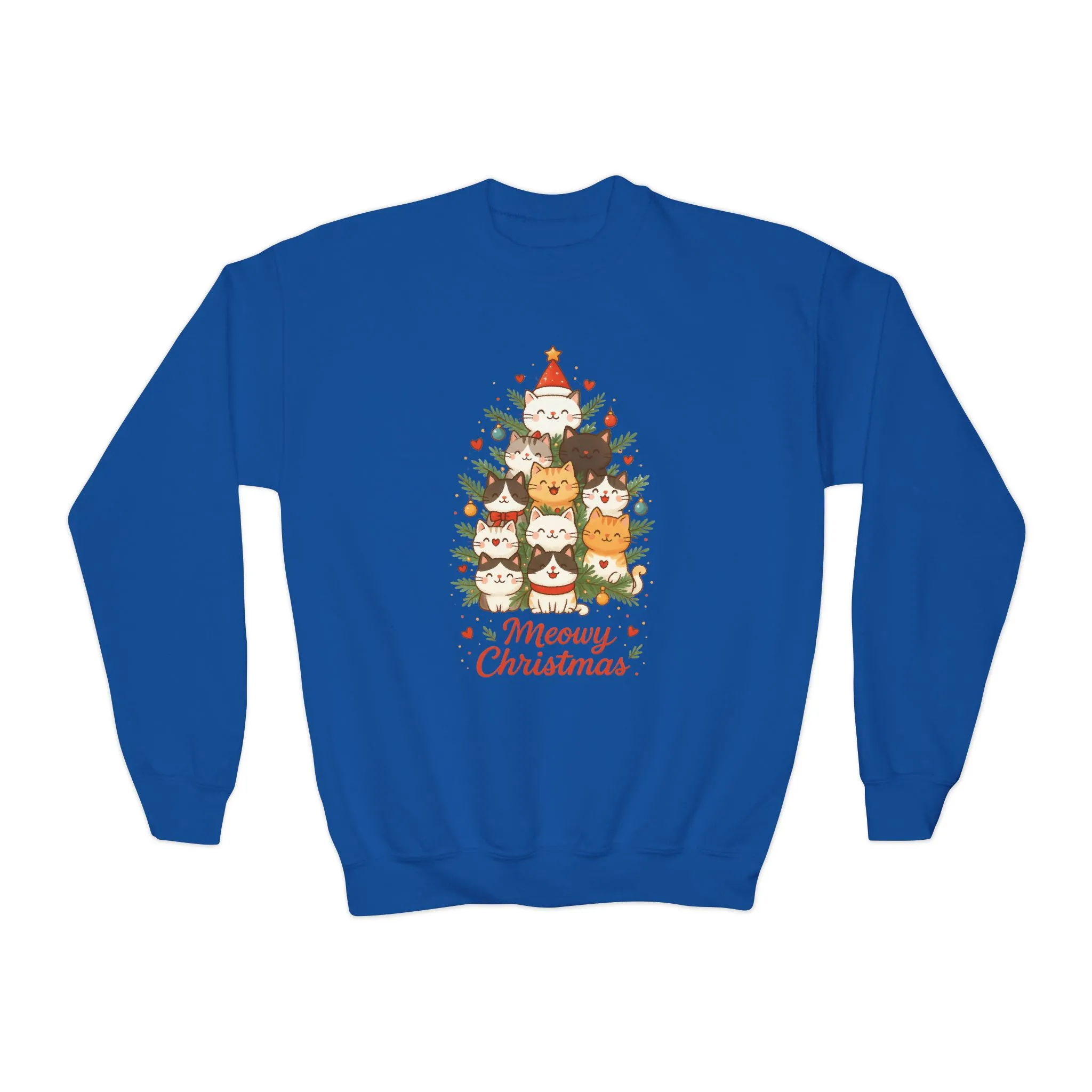 Youth Meowy Christmas Cat Sweatshirt, Cute Holiday Kitty Jumper - Image 9