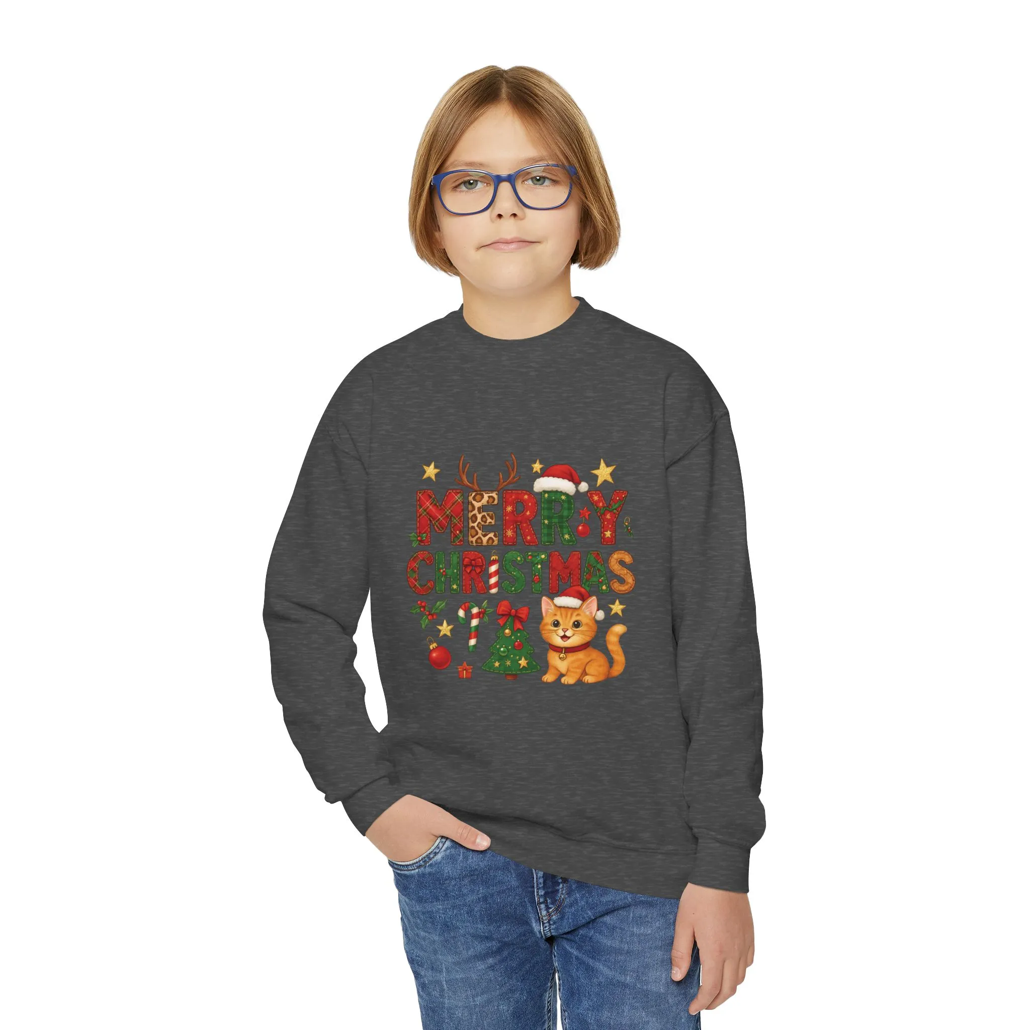 Merry Christmas Cat Sweatshirt for Girls, Cozy Holiday Kitten Jumper, Youth Crewneck Sweatshirt - Image 12