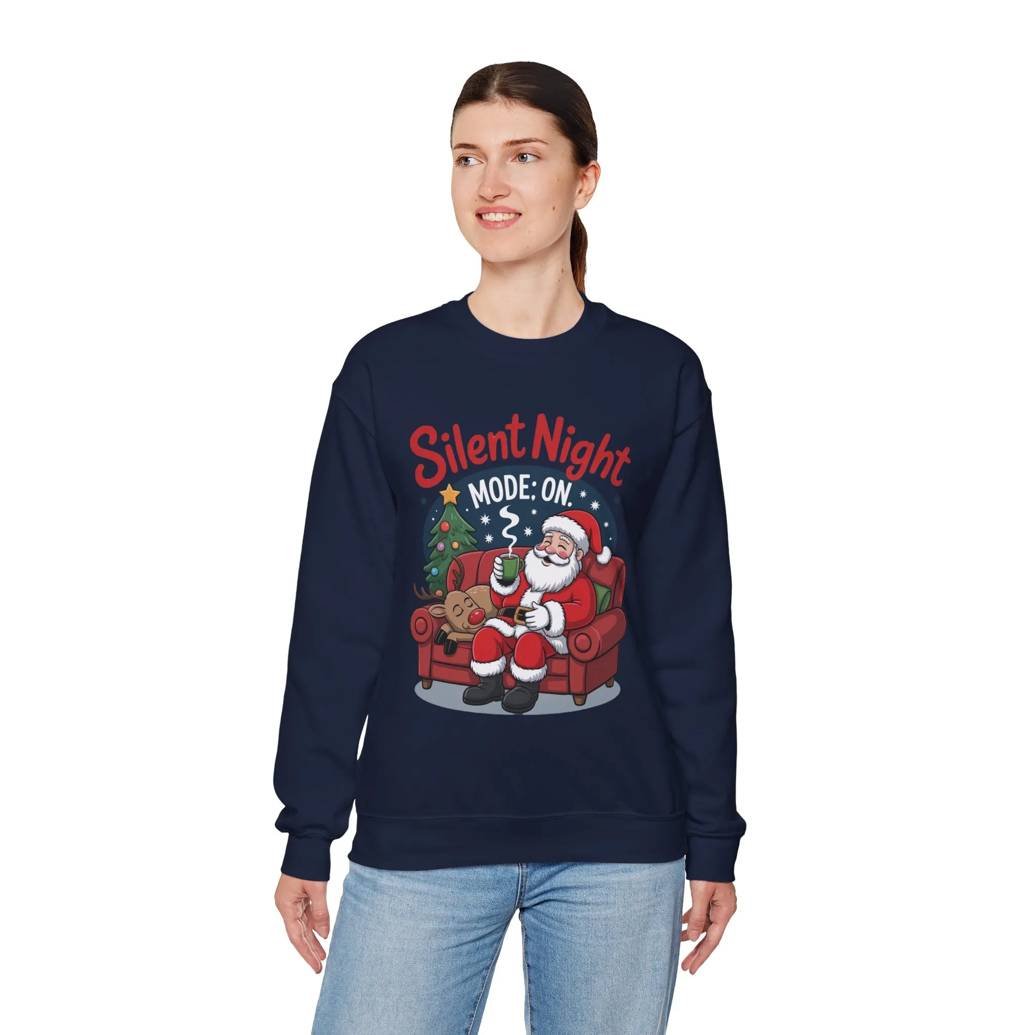 Silent Night Mode On Christmas Sweatshirt, Funny Relaxed Santa - Reindeer Sweater, Cozy Holiday Jumper for Women