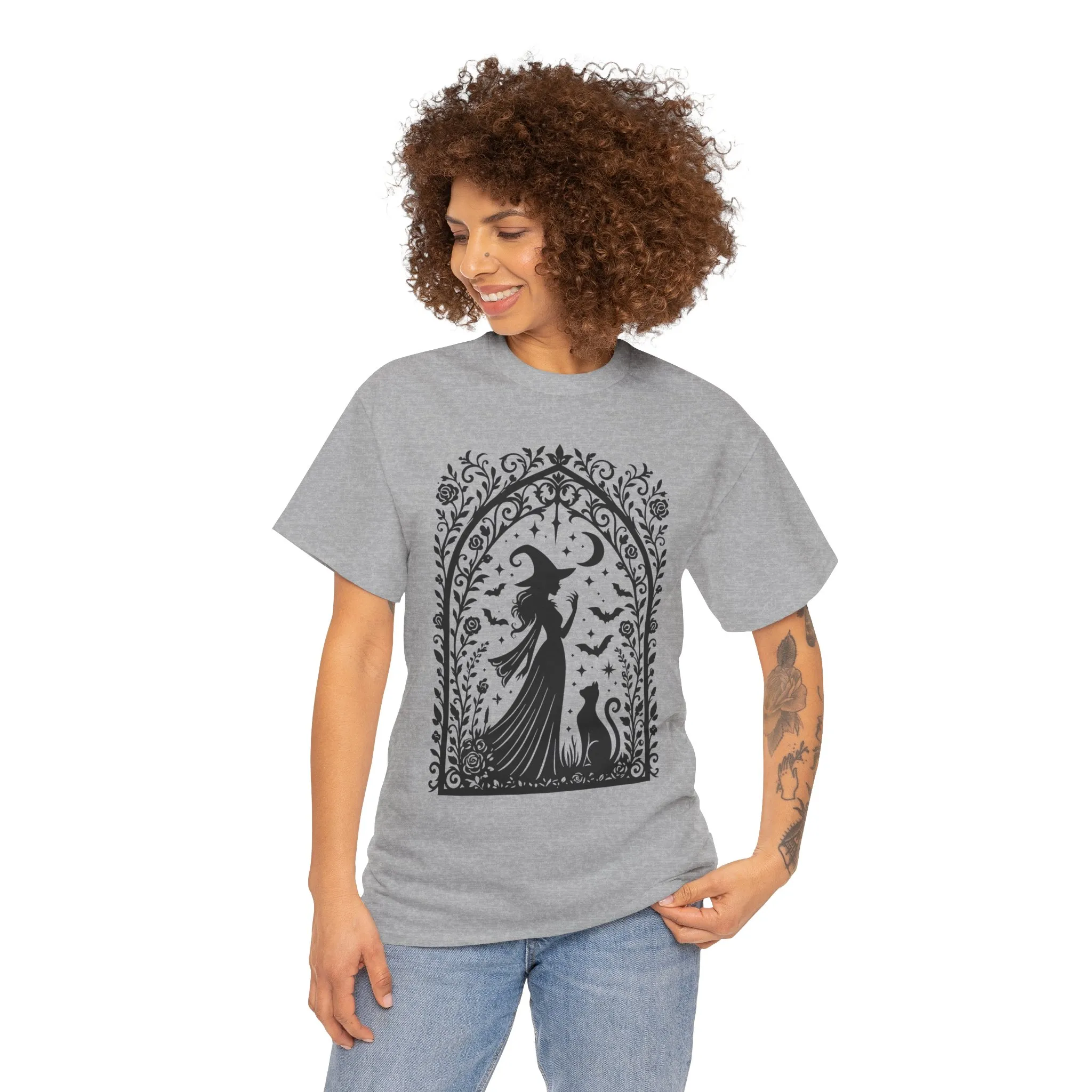 Gothic Witch & Cat Women's T-Shirt, Elegant Halloween Moon Silhouette Witchy Graphic Tee - Image 8