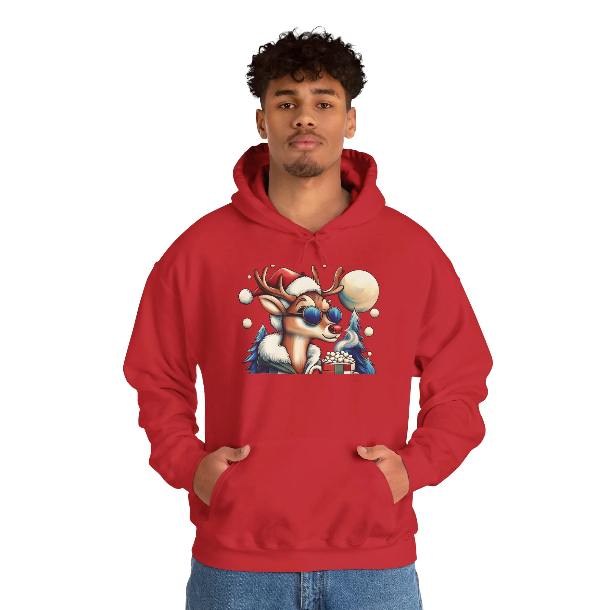 Cool Reindeer Christmas Hoodie, Funny Holiday Hot Cocoa Pullover for Men - Image 31