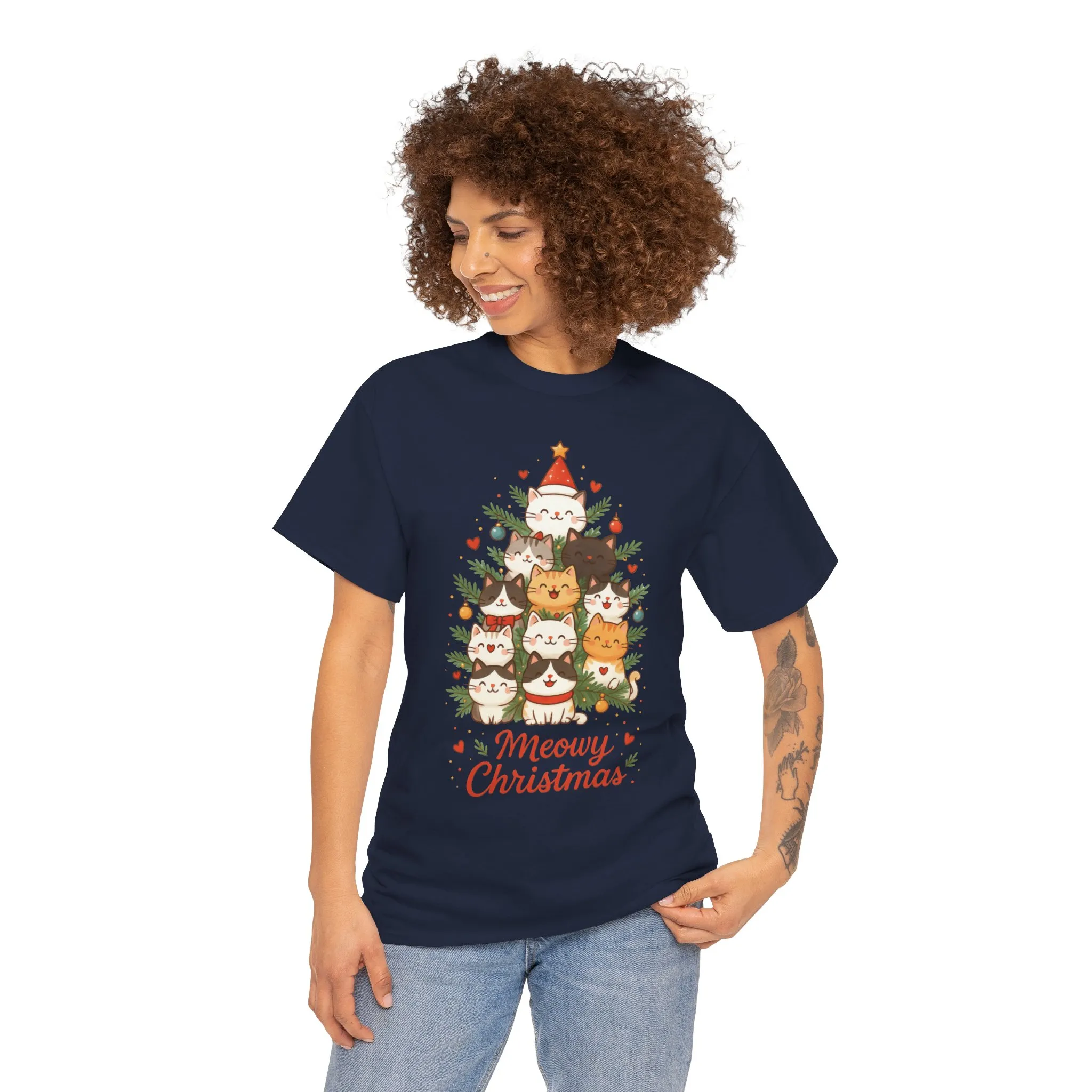 Women's Meowy Christmas Cat T-Shirt, Cute Holiday Kitty Tree Tee - Image 20
