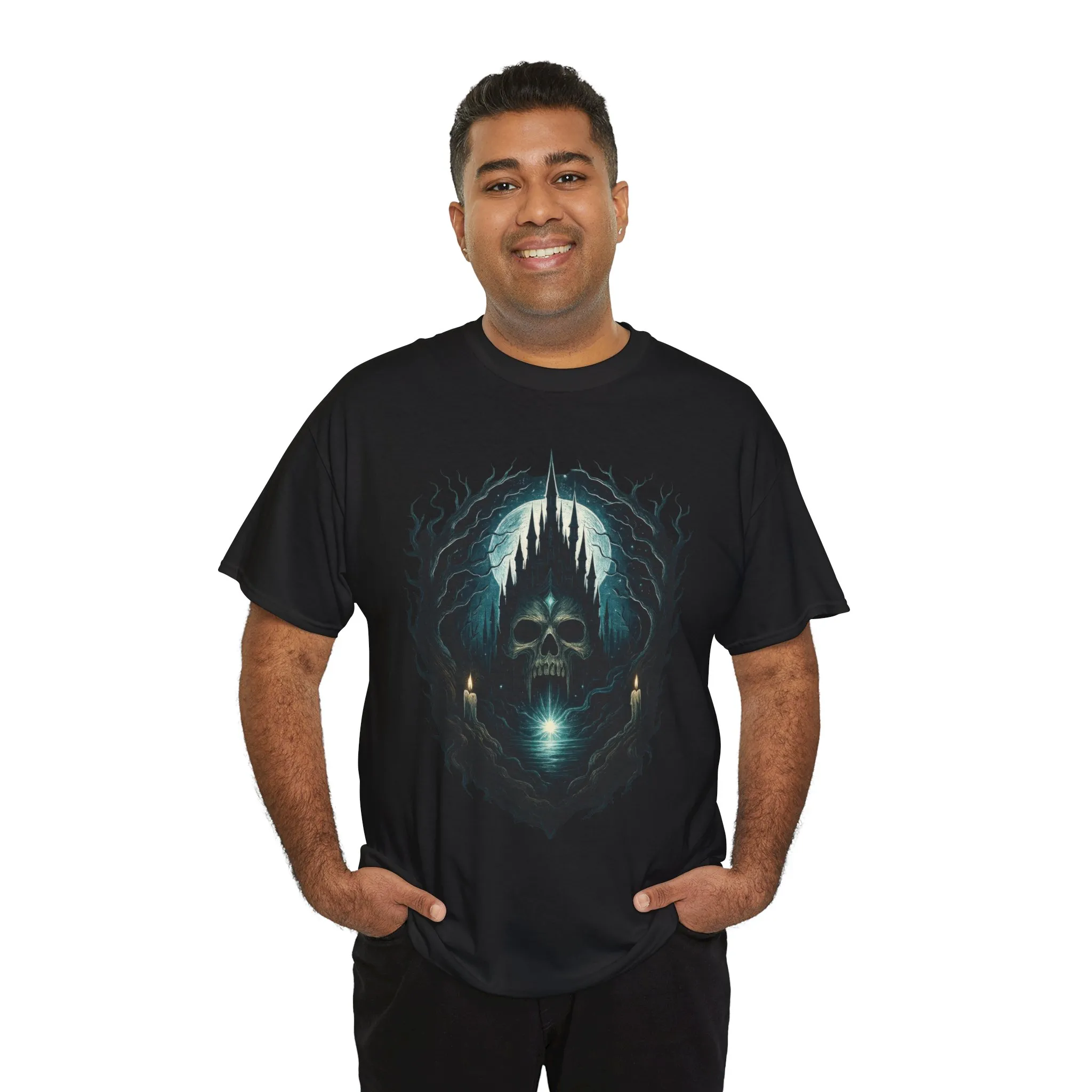 Gothic Skull Castle Men's T-Shirt, Dark Horror Haunted Night Graphic Tee, Halloween Shirt - Image 6
