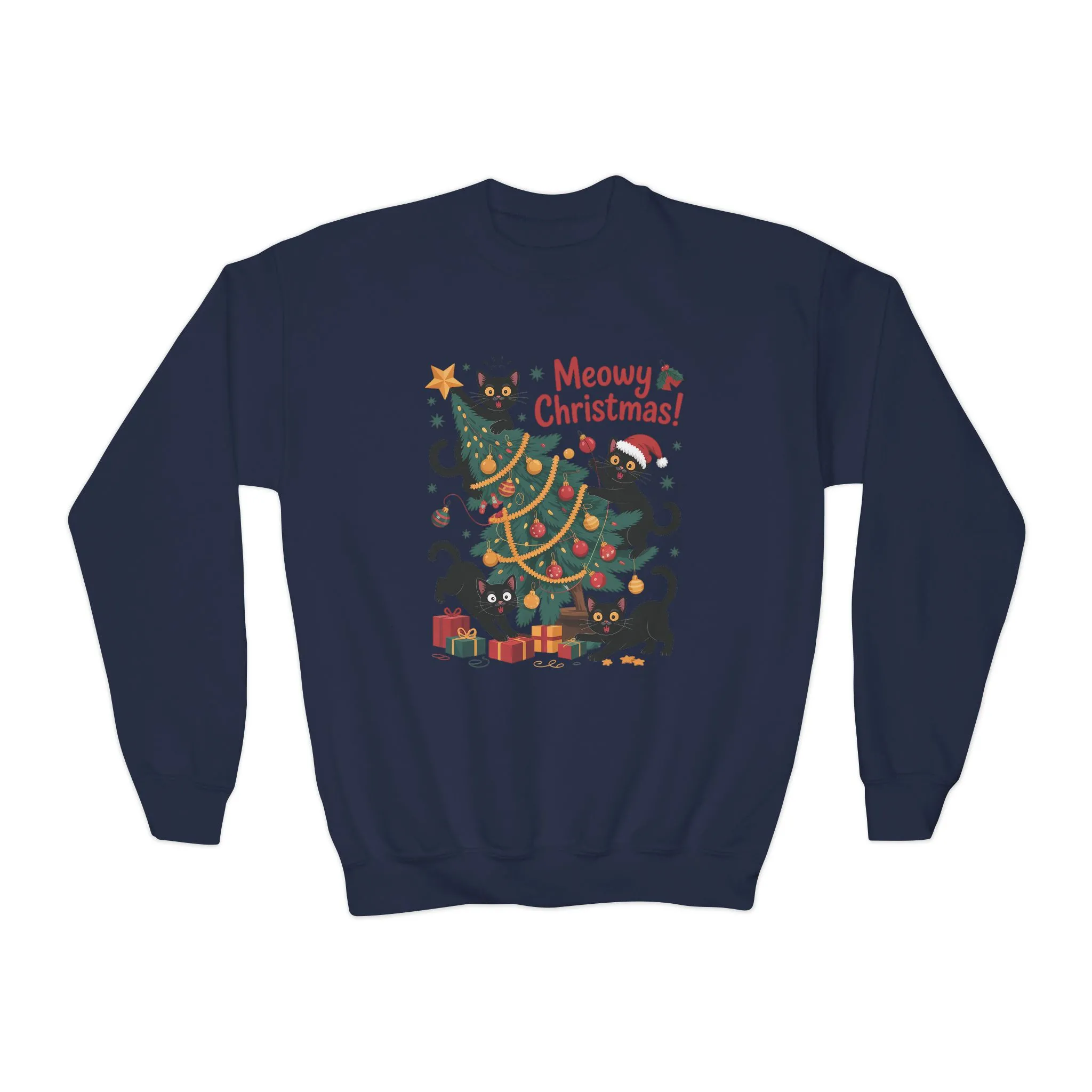 Kids Black Cats Christmas Tree Sweatshirt, Cute Funny Cat Holiday Jumper, Christmas Cat Chaos Pullover - Image 2