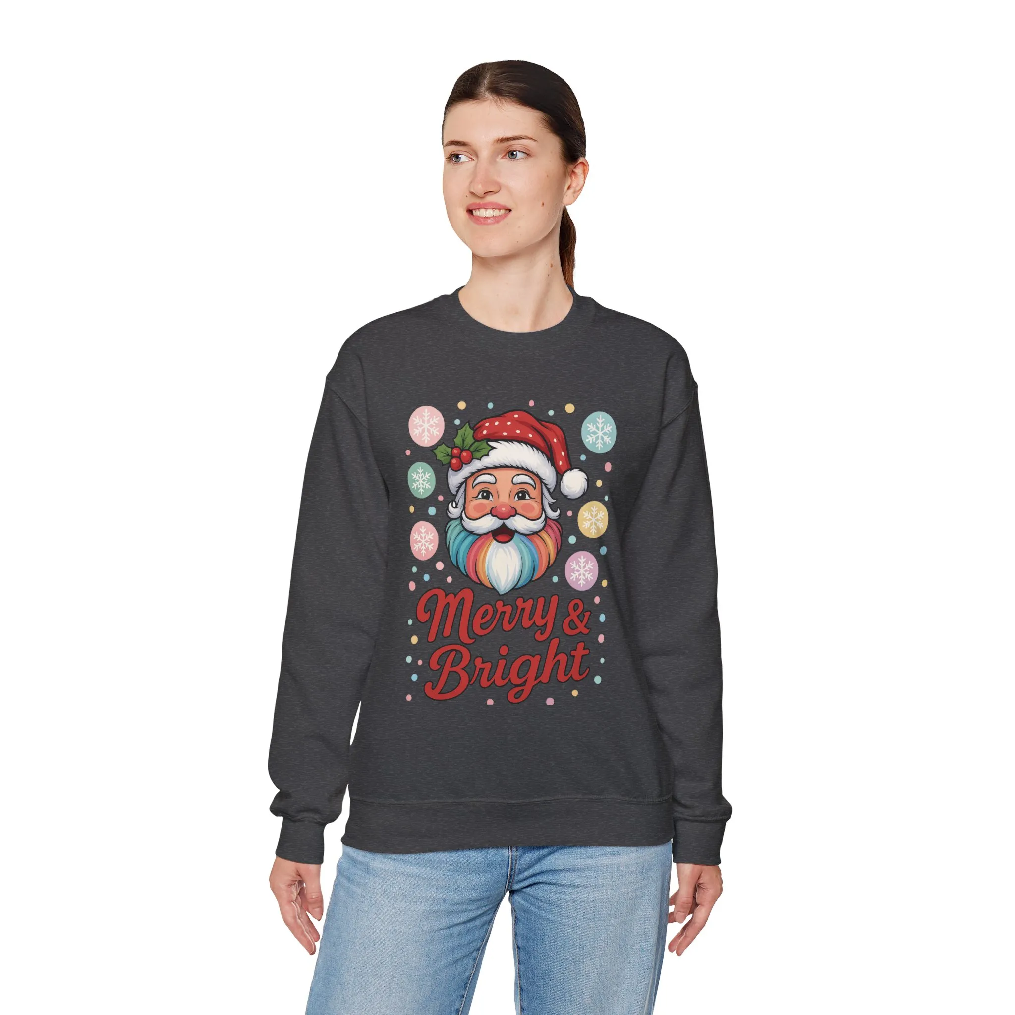 Merry - Bright Santa Christmas Sweatshirt, Retro Pastel Holiday Jumper, Cute Santa Sweater for Women - Image 12