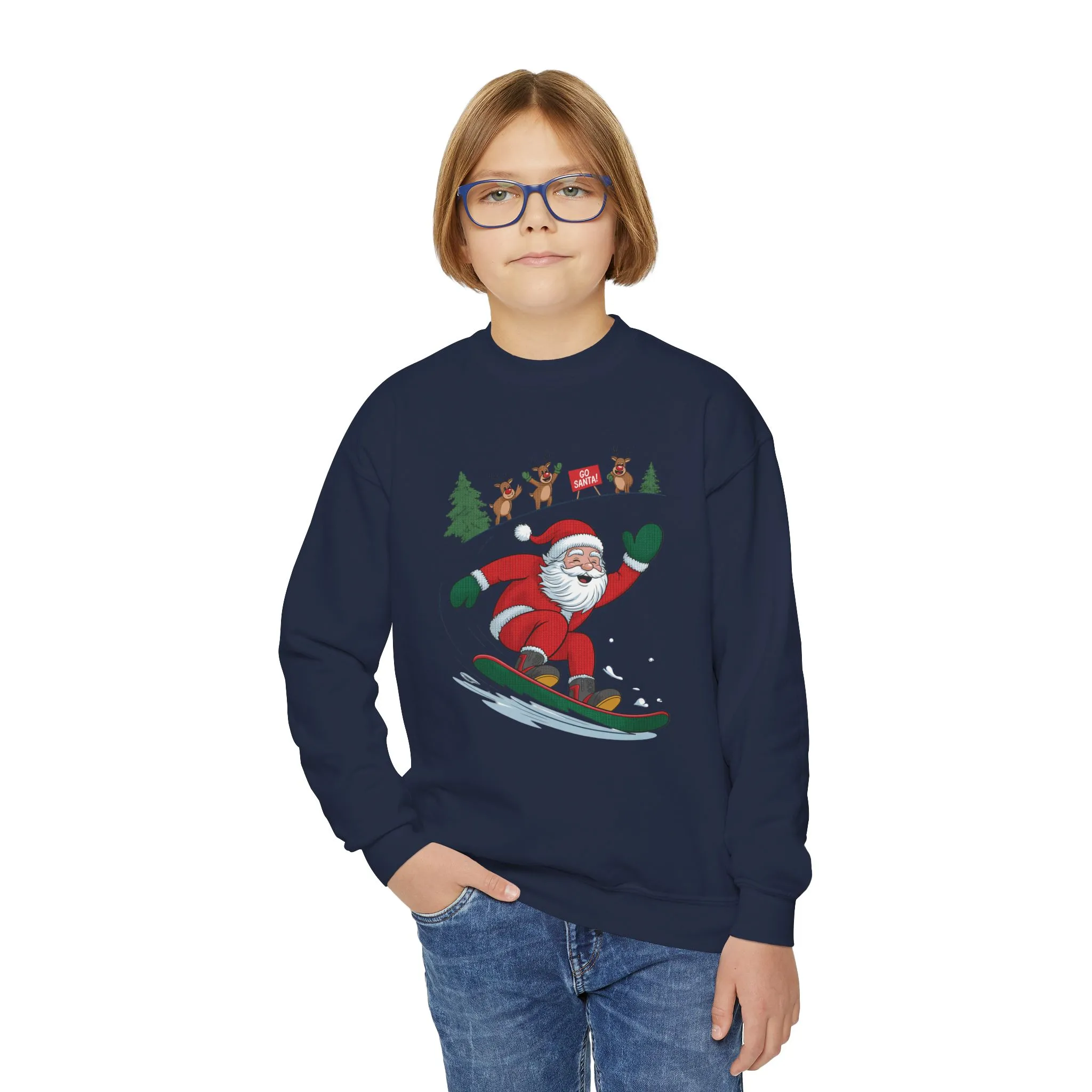 Go Santa Snowboarding Christmas Sweatshirt, Funny Santa - Reindeer Holiday Jumper for Kids, Cute Winter Sports Christmas Youth Sweatshirt - Image 14