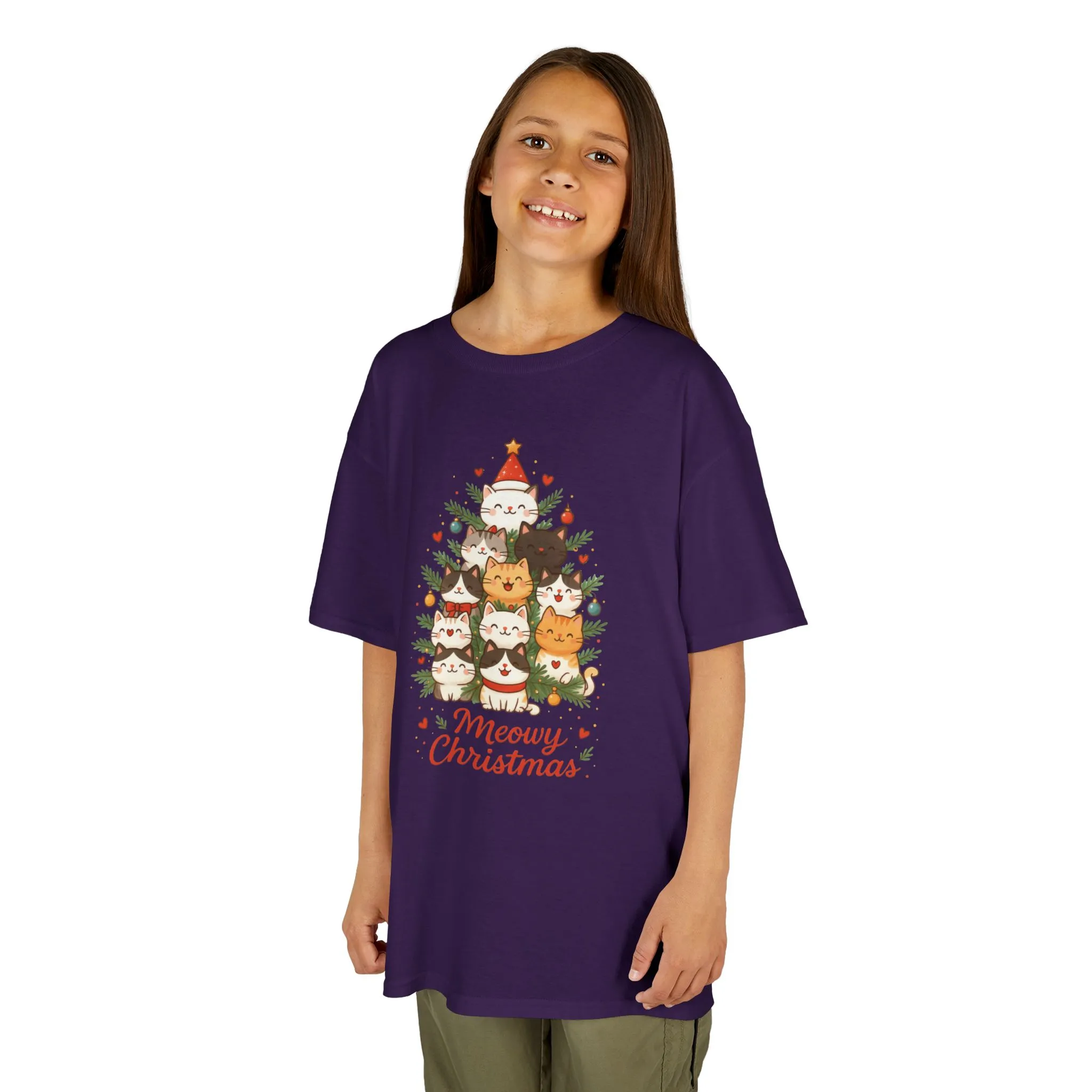 Youth Meowy Christmas Cat T-Shirt, Cute Kids Holiday Kitty Tee - Image 14